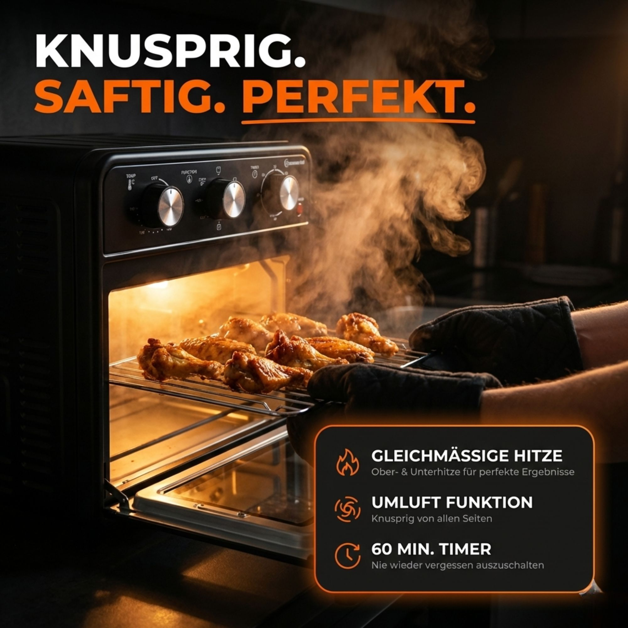 Hähnchenflügel werden in einem Ofen mit Heißluft gegrillt.