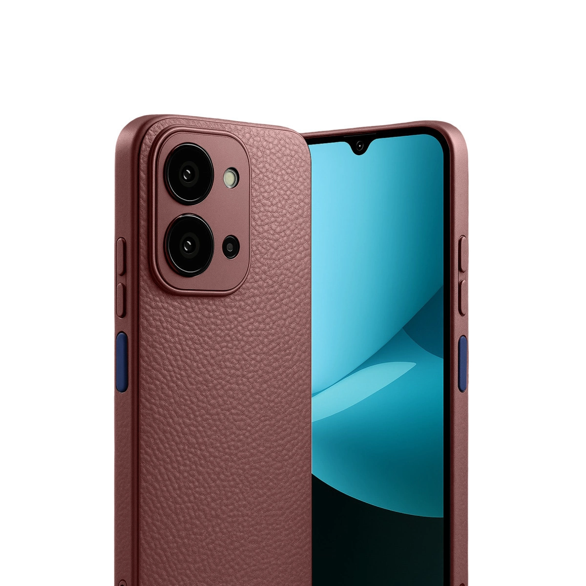 Deri dokulu bordo telefon, beyaz arka plan üzerinde çift kamera.