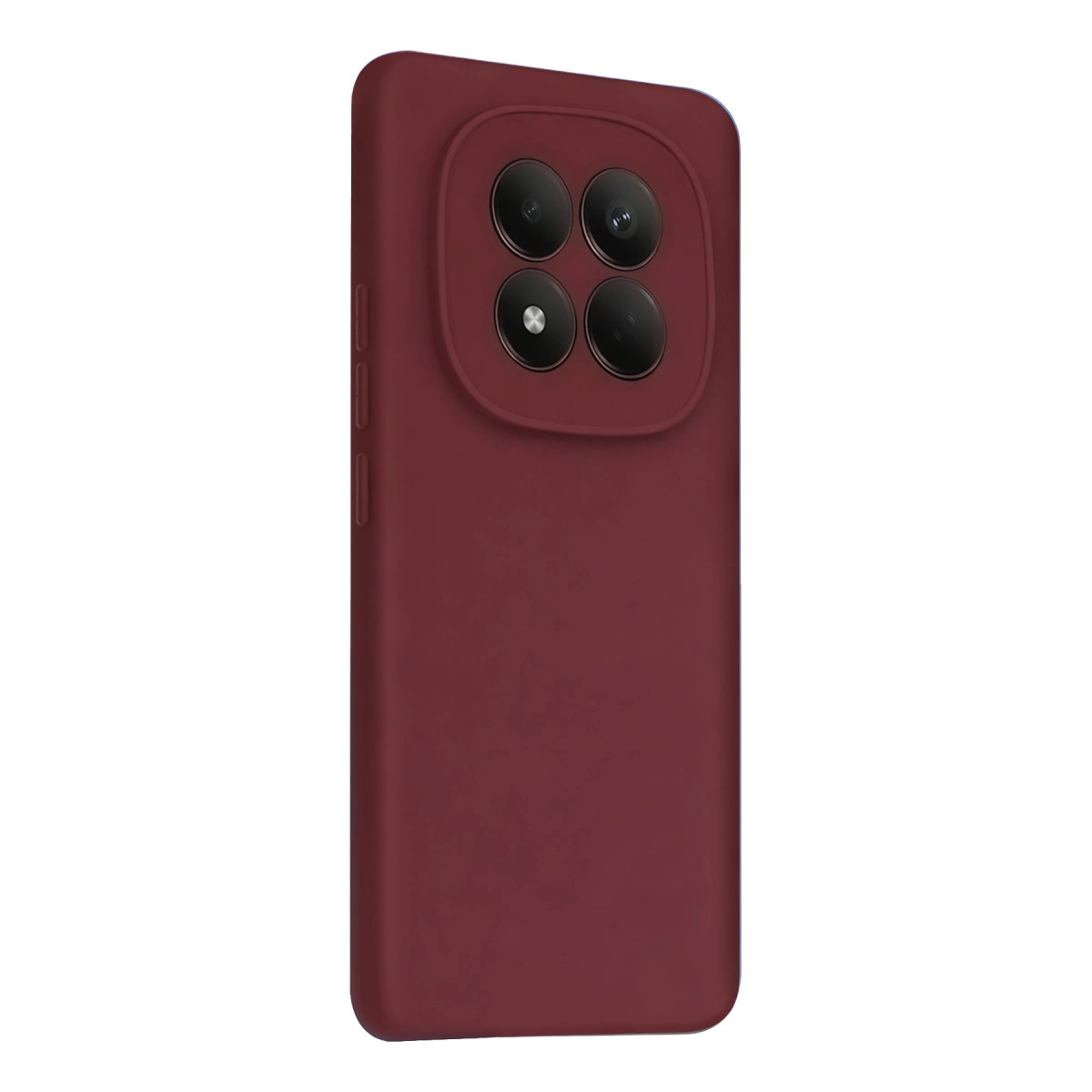 Arkada kare yuvalı dört kamera lensli koyu kırmızı telefon.