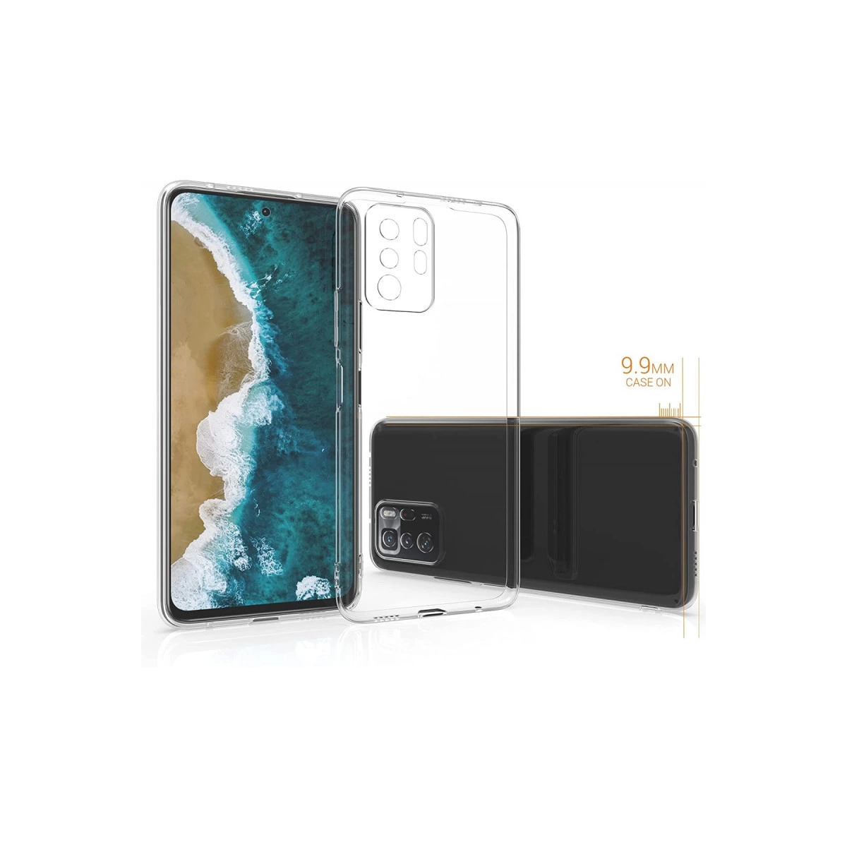 Sahil ve okyanus manzarası gösteren bir telefonla birlikte şeffaf telefon kılıfı.