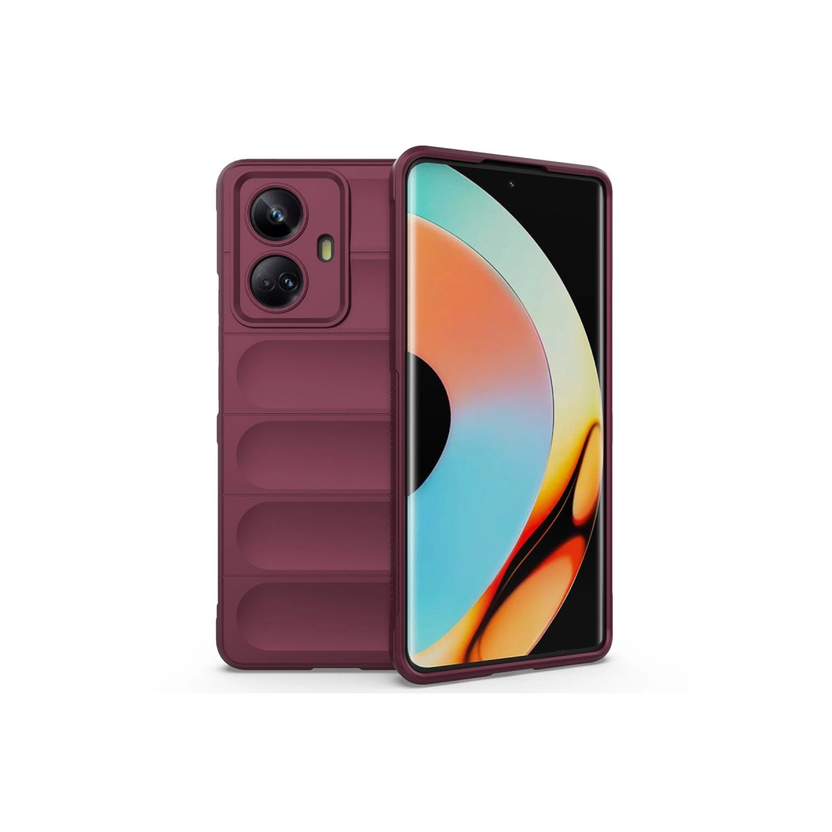Beyaz yüzeyde bir telefon bulunan bordo renkli telefon kılıfı.