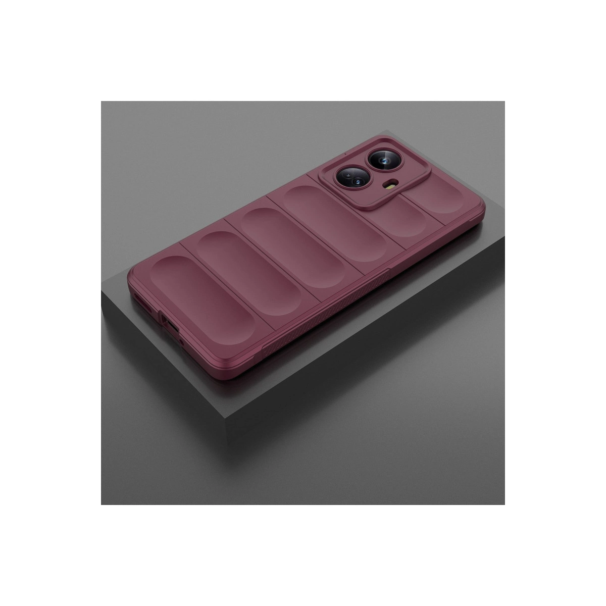 Kamera korumalı ve lens tasarımlı bordo renkli telefon kılıfı.
