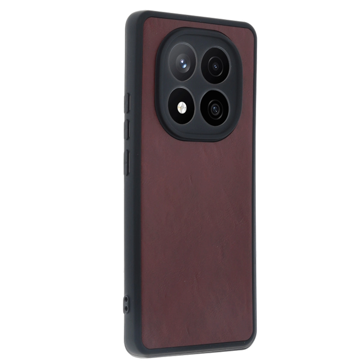 Dört kamera lensli, siyah çerçeveli koyu kırmızı telefon kılıfı.