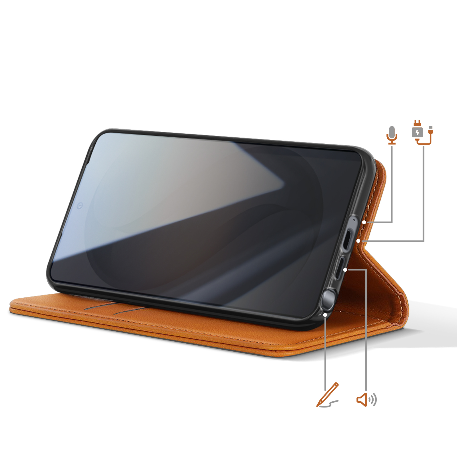 Una custodia marrone per telefono con uno smartphone. Icone per microfono, ricarica, penna e altoparlante visibili.