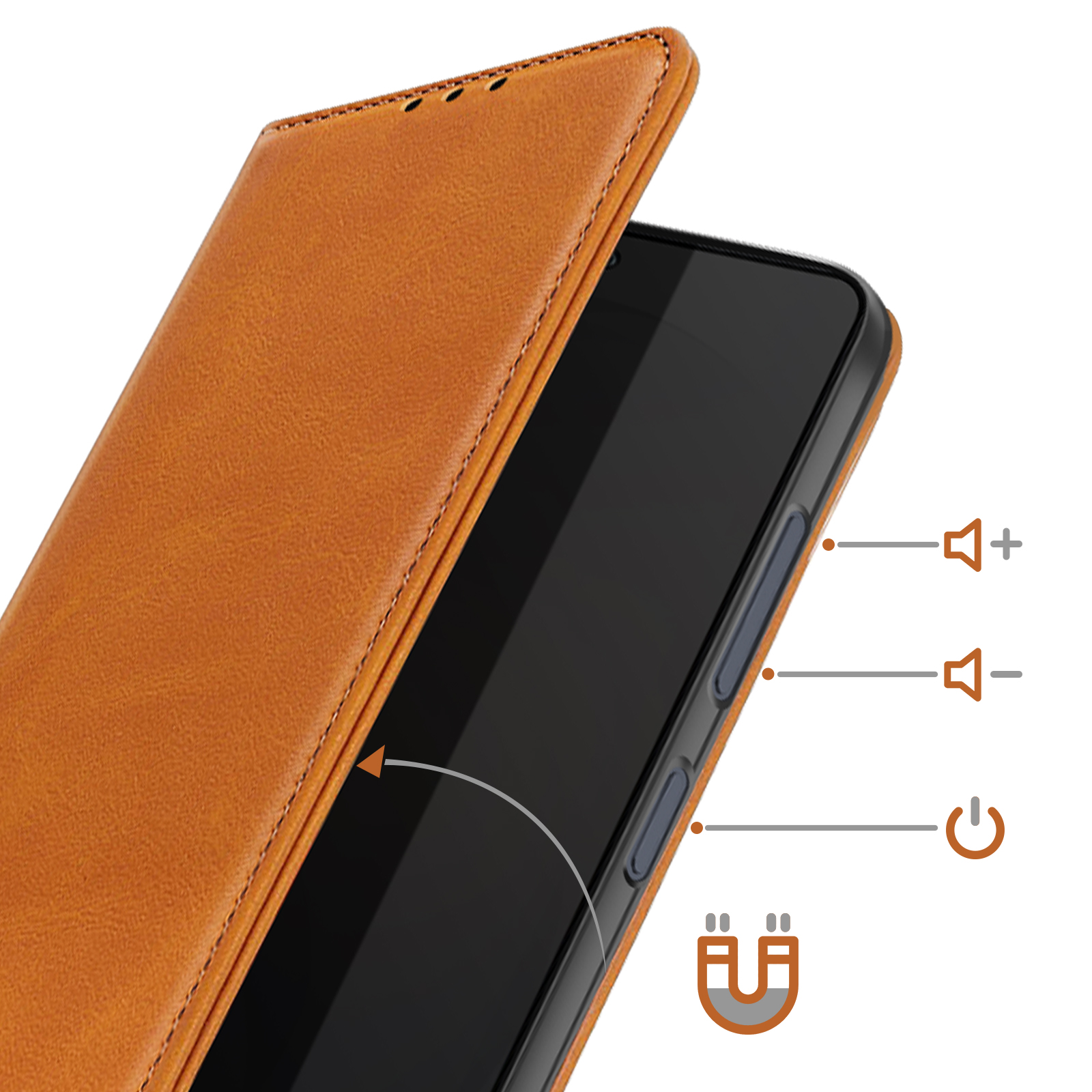 Una custodia marrone per telefono giace su uno smartphone nero. Le icone mostrano volume e pulsante di accensione.