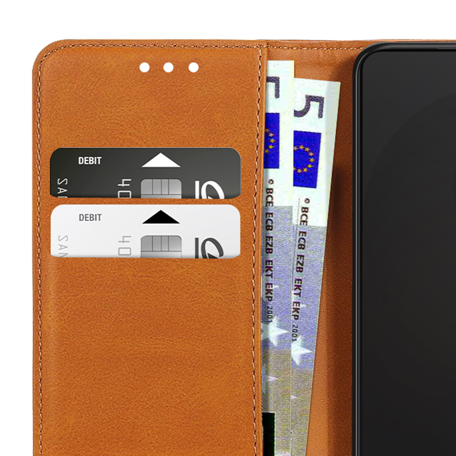 Portafoglio marrone con due slot per carte e banconote.