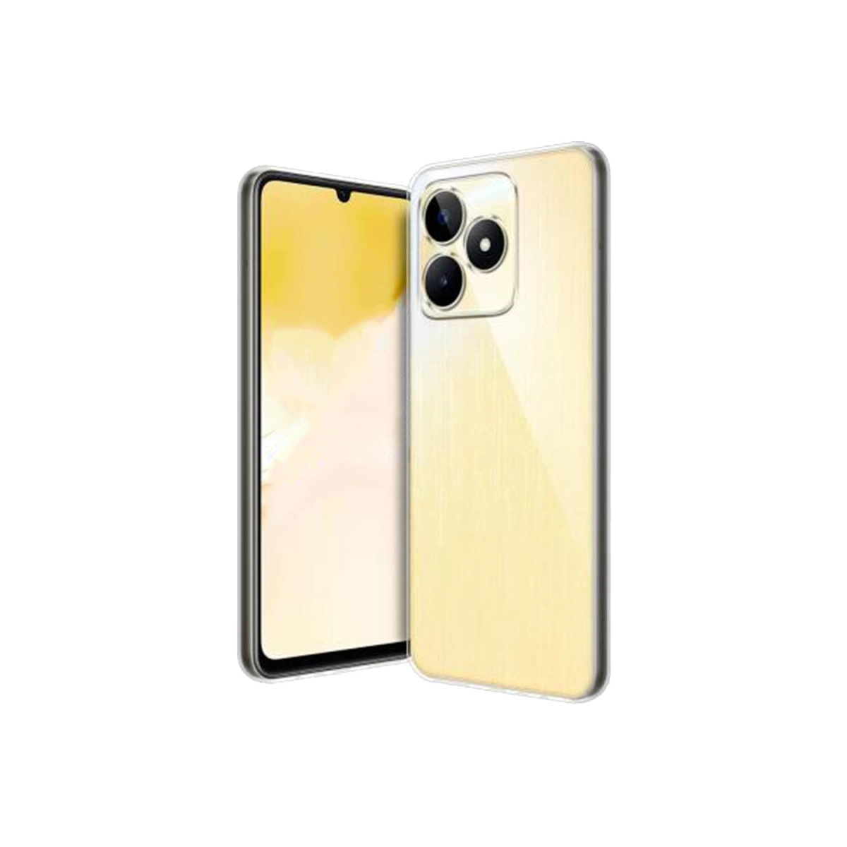 Beyaz arka plan üzerinde çift arka kameraya sahip sarı bir akıllı telefon.