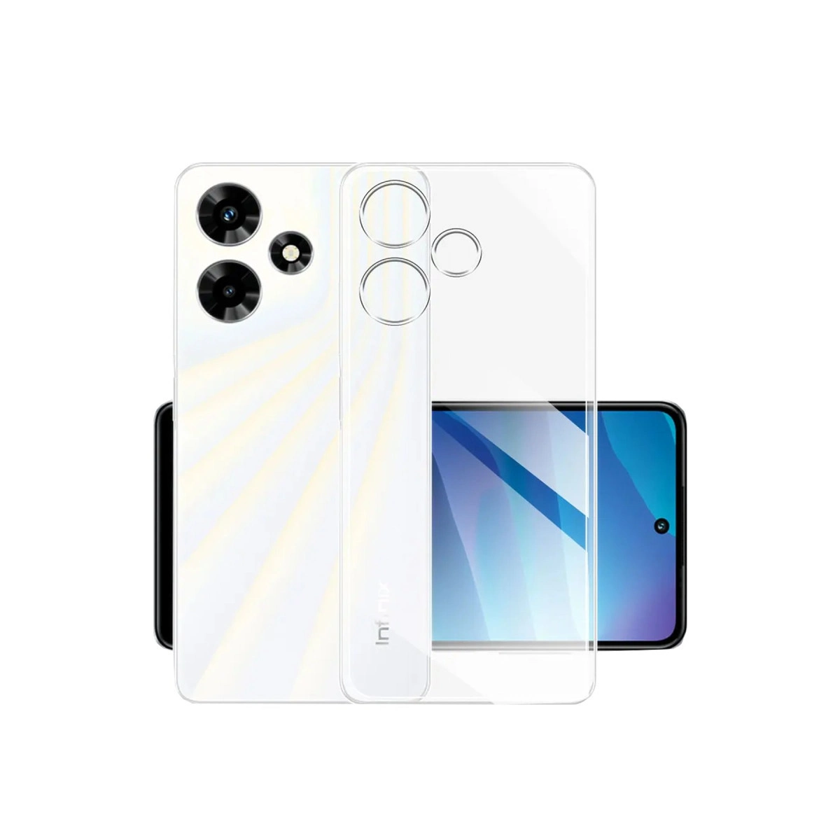 Üç kameralı beyaz akıllı telefon arkası ve şeffaf kılıf.