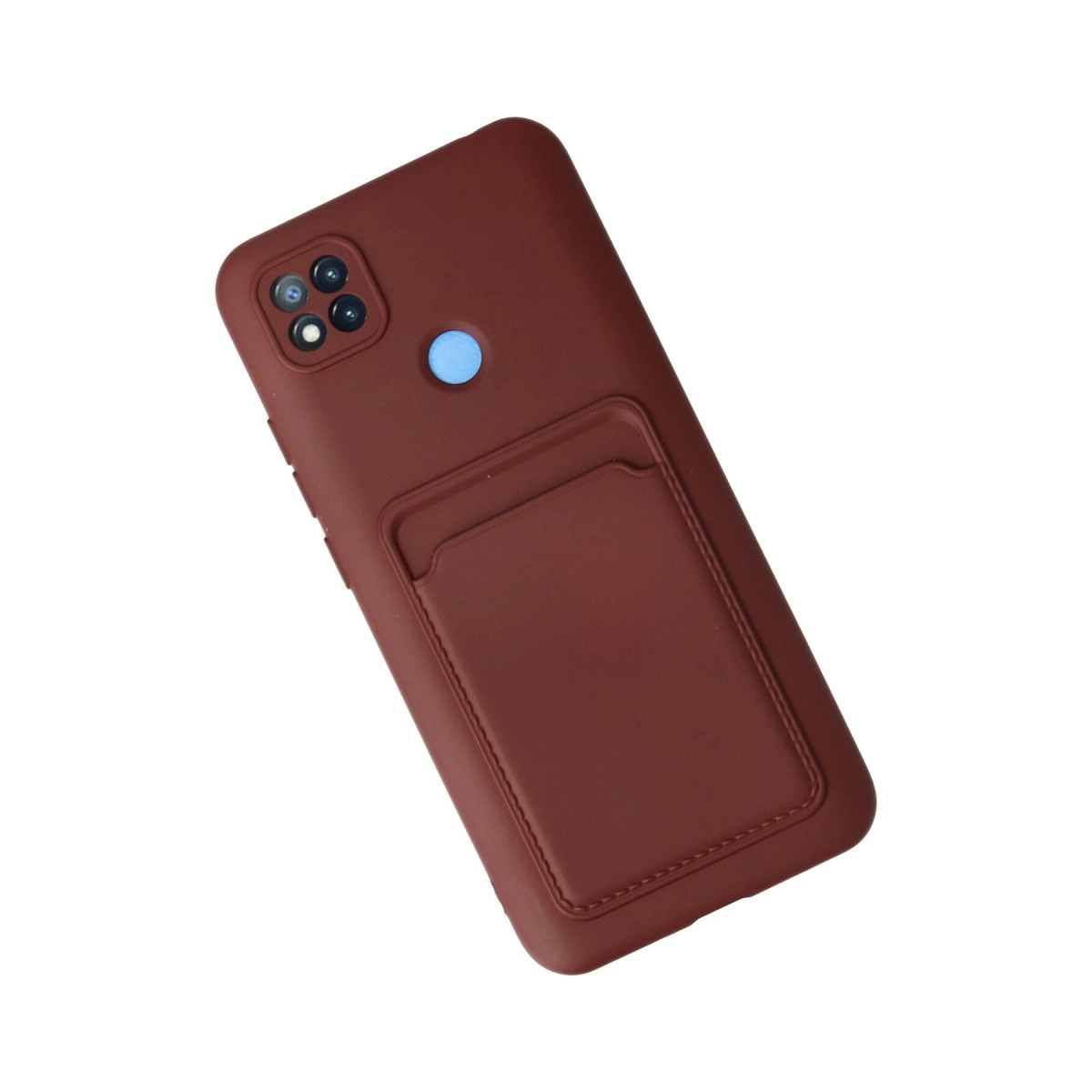 Kart yuvalı, kameralı ve mavi düğmeli koyu kırmızı telefon kılıfı.