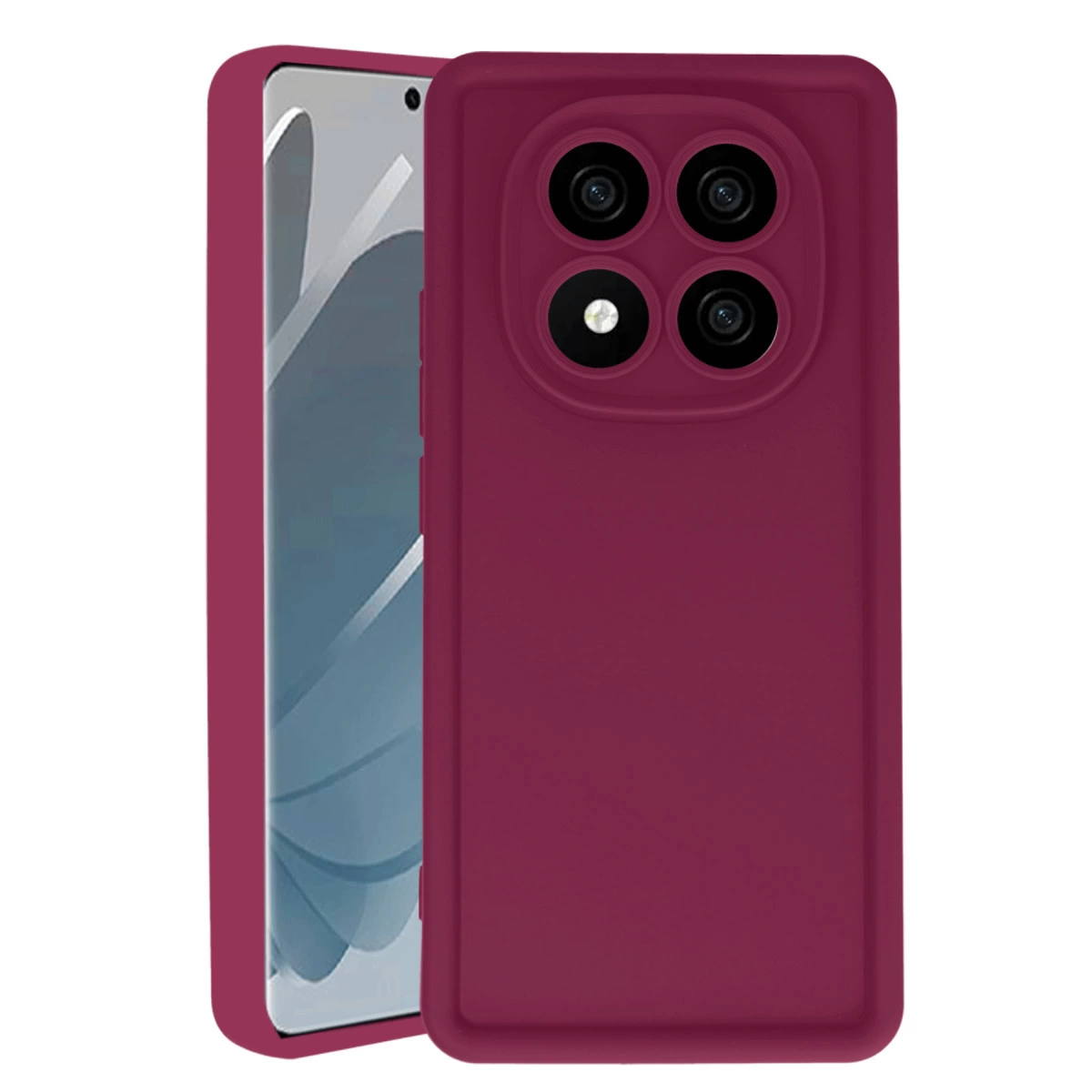 Arka tarafında dört kamera kesiği bulunan bordo bir telefon kılıfı, telefon ekranının bir kısmını gösterecek şekilde açılı olarak duruyor.