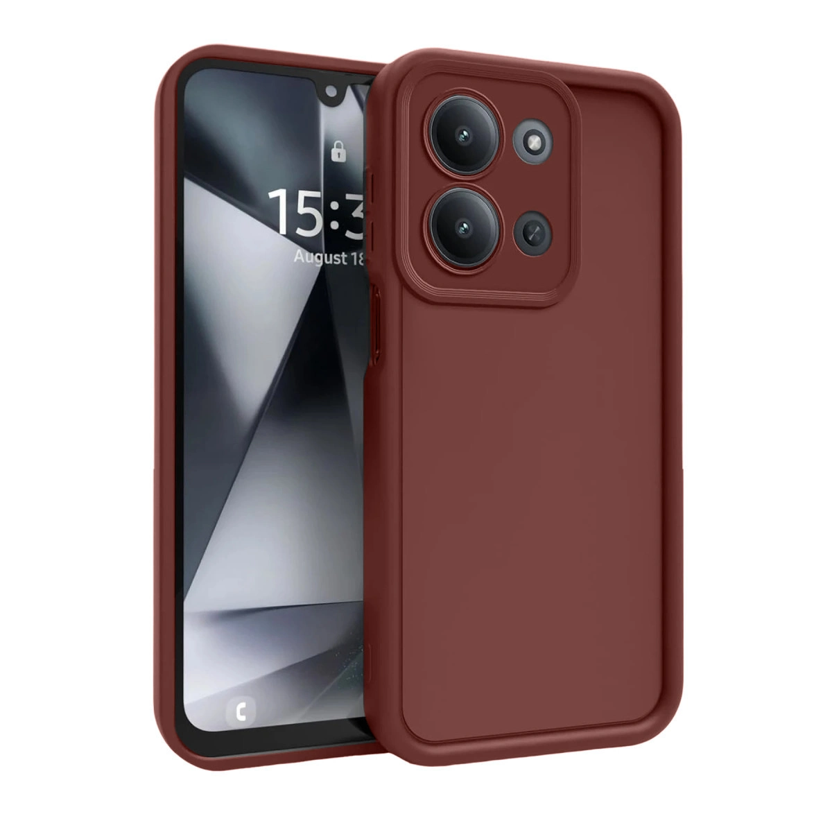 Koyu kırmızı telefon kılıfı, kameralı bir akıllı telefonun arkasını kaplar.