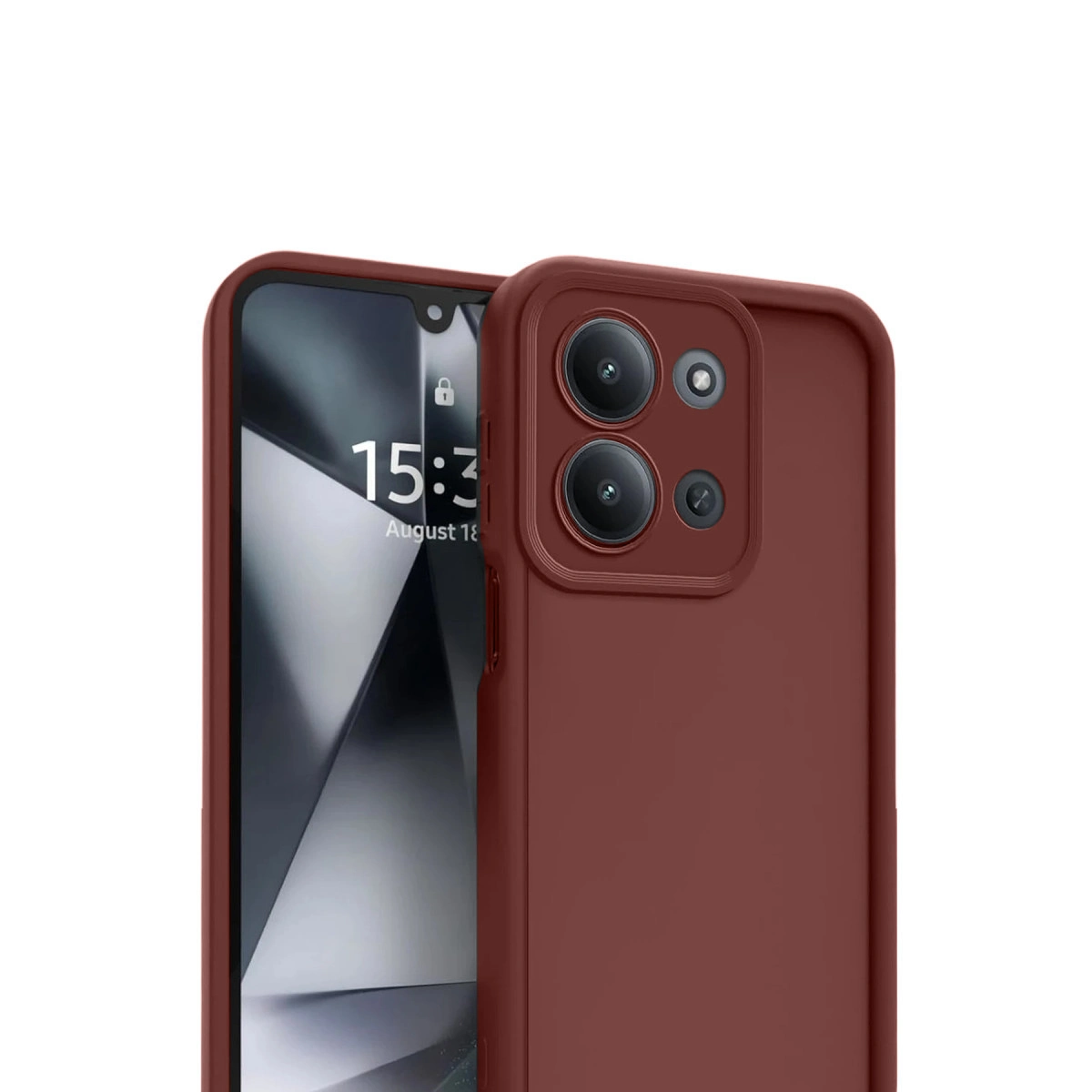 Kamera modüllü kırmızı telefon kılıfı ve ekranda gösterilen saat.