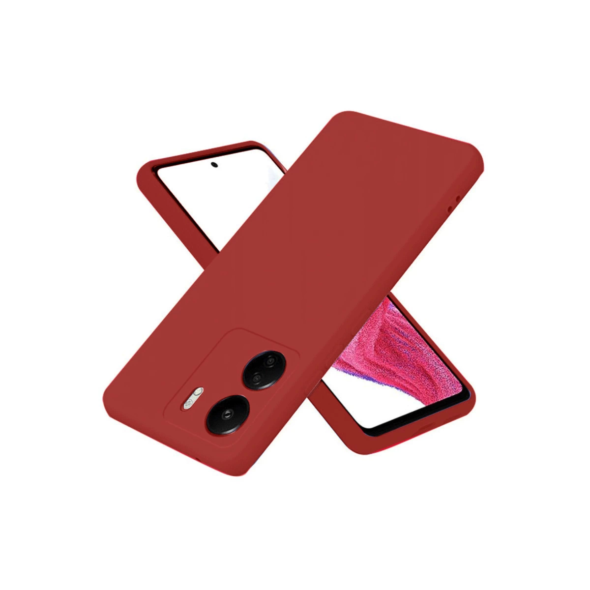 Kameralı iki kırmızı telefon kılıfı beyaz zeminde üst üste biniyor.