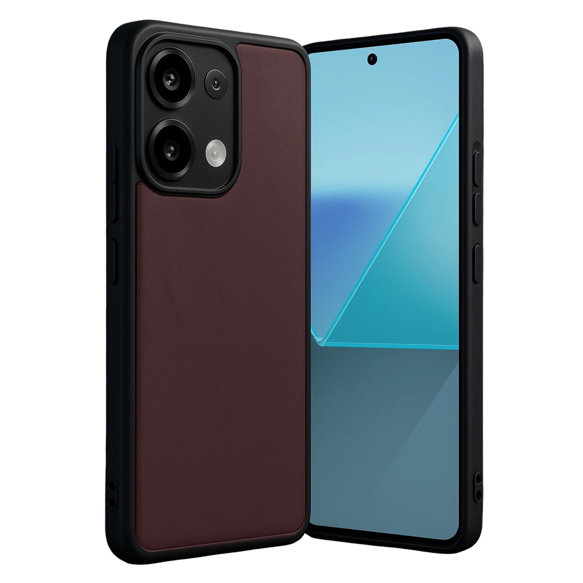 Koyu kırmızı telefon, siyah çerçeveli ve arka kamera modüllü.
