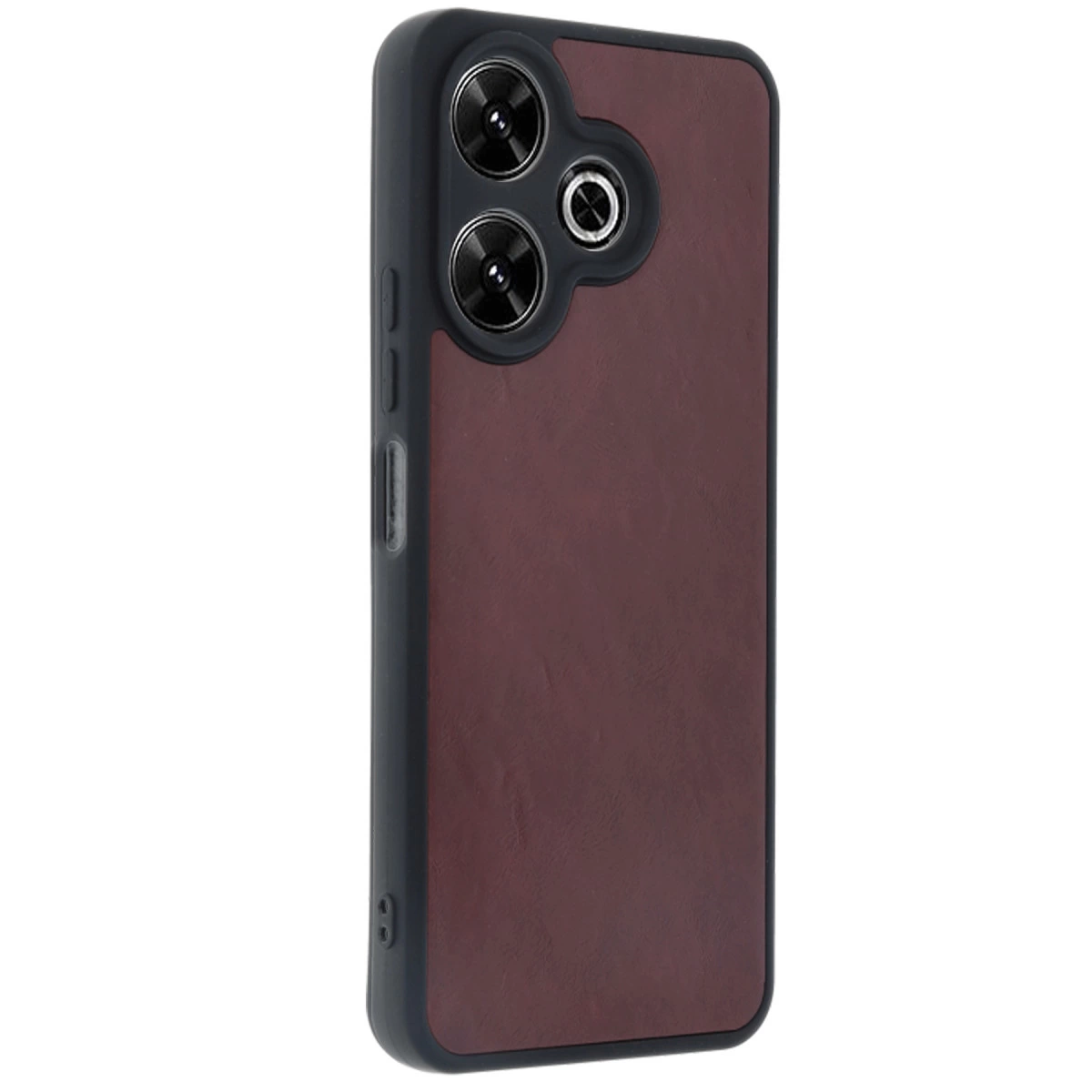 Koyu kırmızı telefon kılıfı, siyah çerçeveli ve üçlü kamera lensli.
