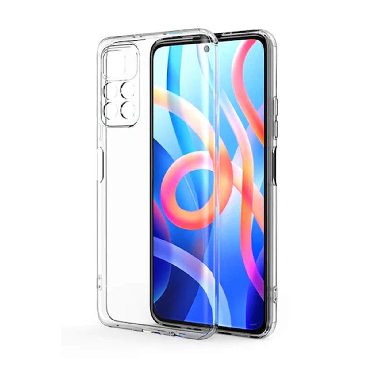 Renkli arka plana sahip bir akıllı telefonun yanında şeffaf telefon kılıfı.
