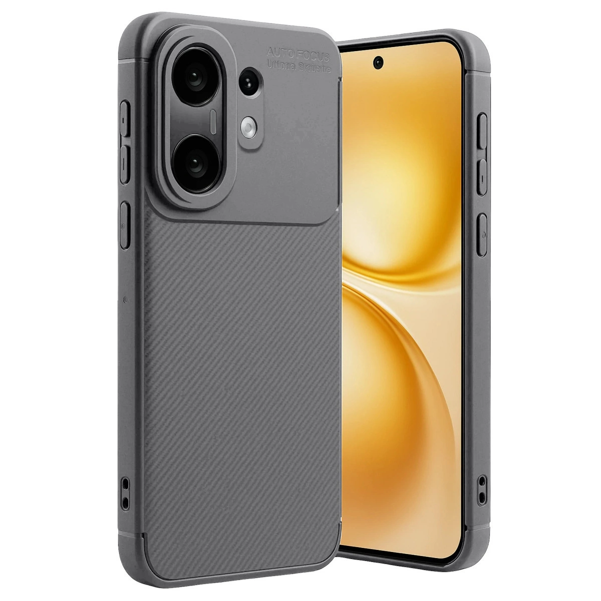Karbon dokulu, üçlü kamera kesimli gri telefon kılıfı.