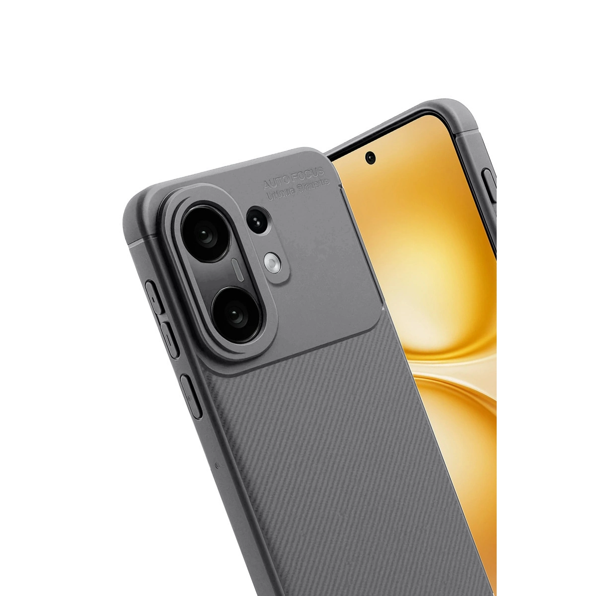 Kamara korumalı, nervürlü dokulu gri telefon kılıfı, beyaz arka plan üzerinde.