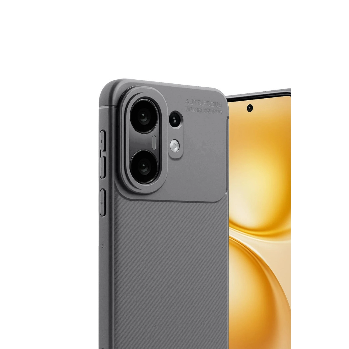 Kamera oyuntulu gri telefon kılıfı ve arkada telefon ekranı.