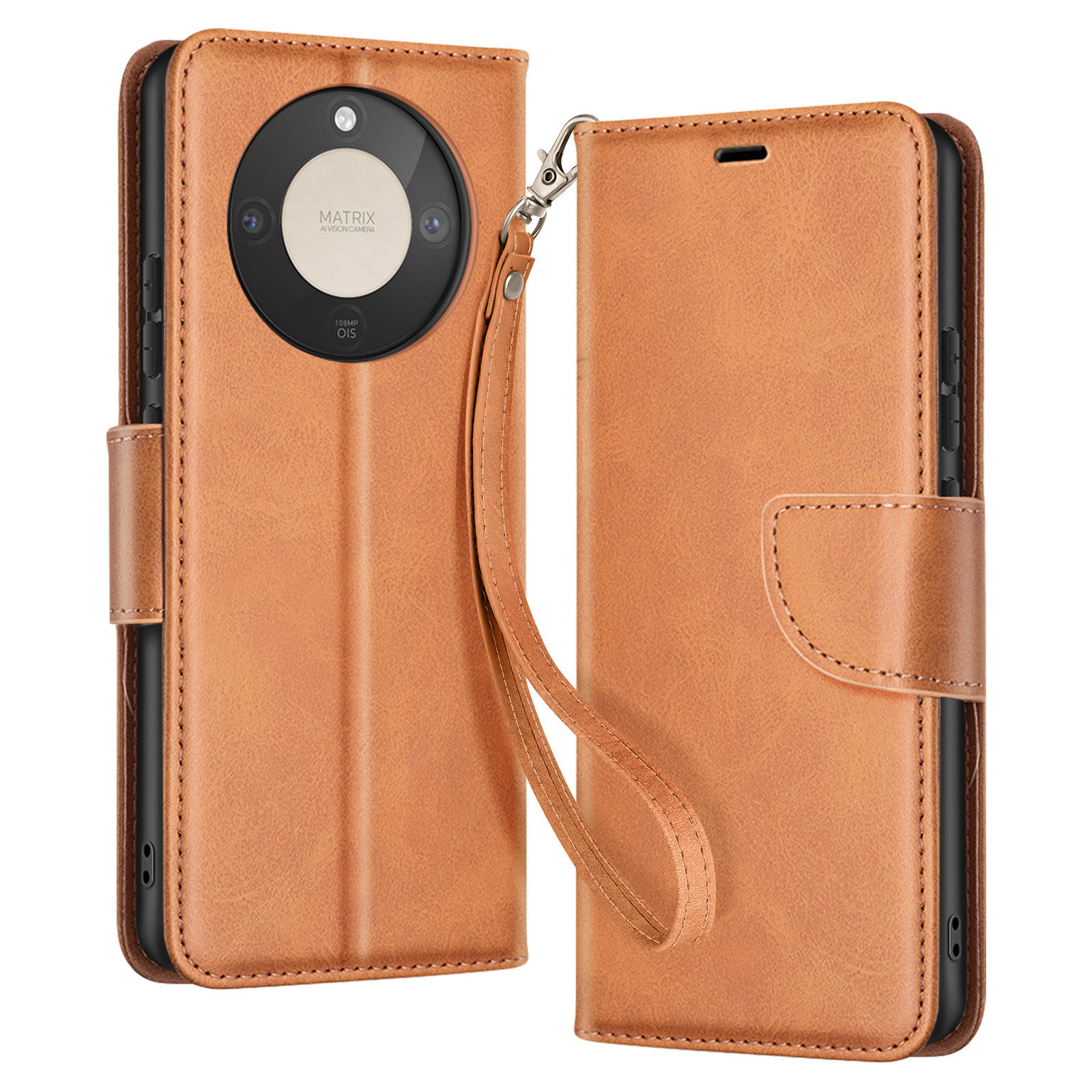 Custodia in pelle marrone per telefono con isola fotocamera e cinturino.