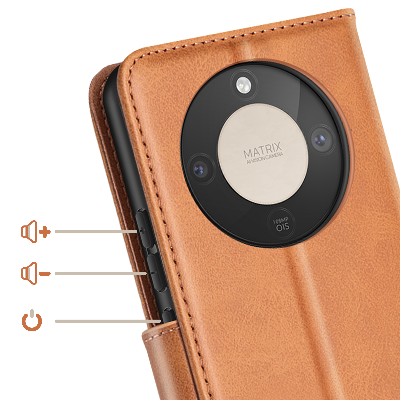 Custodia in pelle marrone per smartphone con fotocamera e pulsanti visibili.