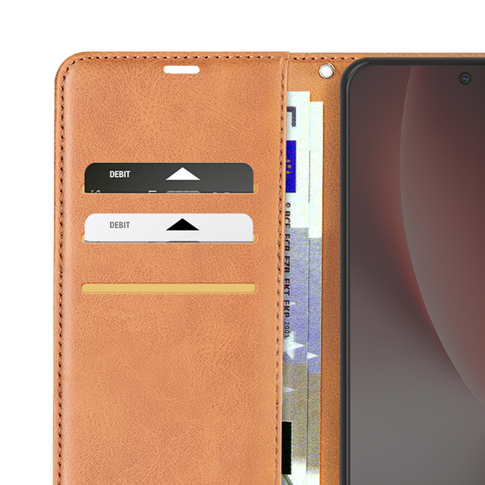 Portafoglio marrone con due tasche per carte e banconote.
