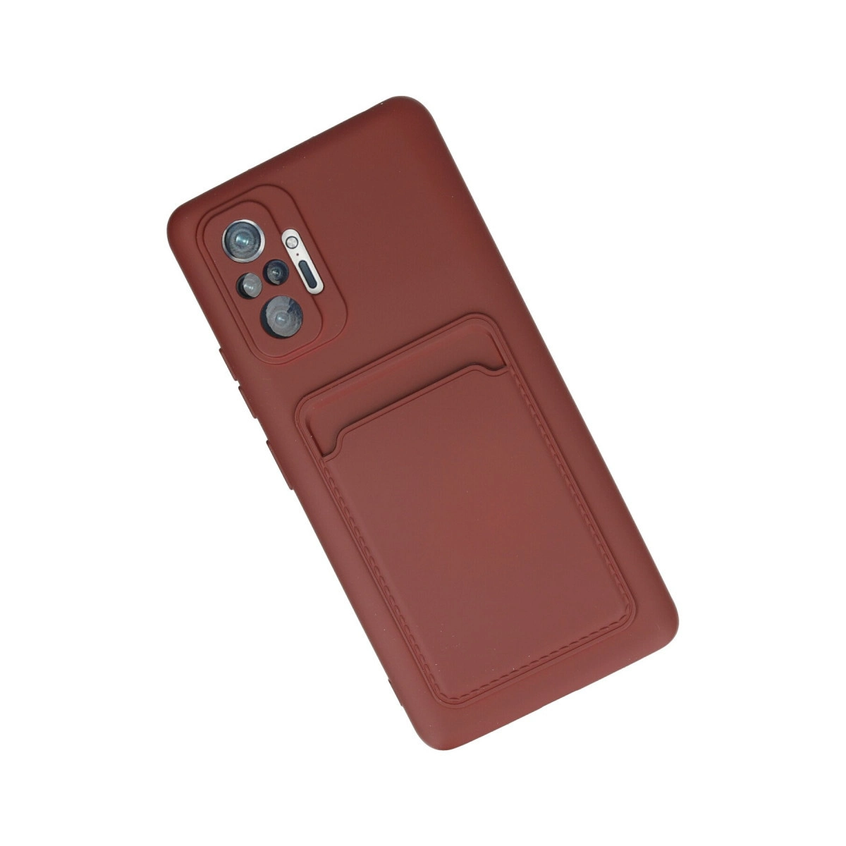 Kırmızı telefon kılıfı, kart yuvası ve kamera modülü.