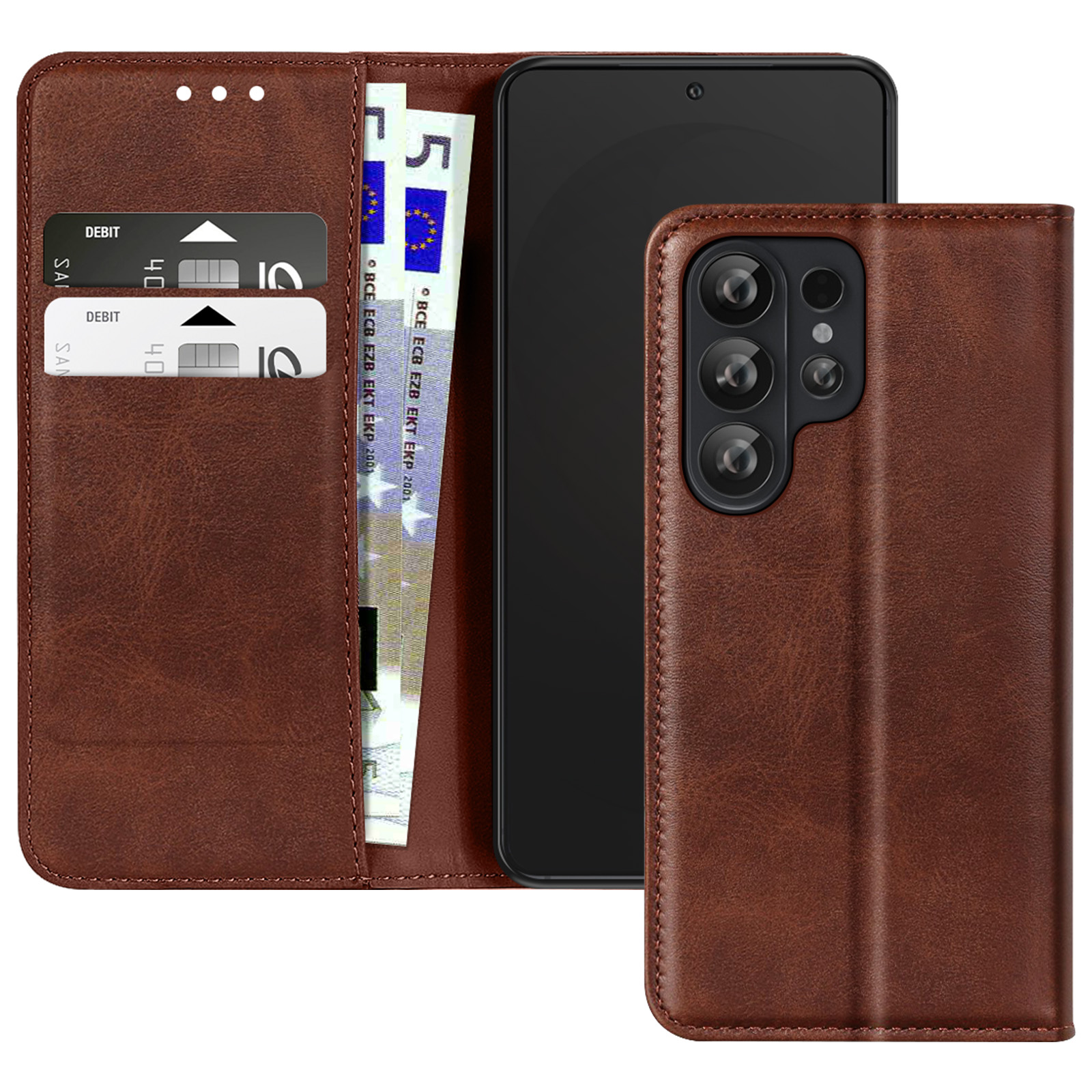 Custodia in pelle marrone con tasche per contanti, carte e telefono.