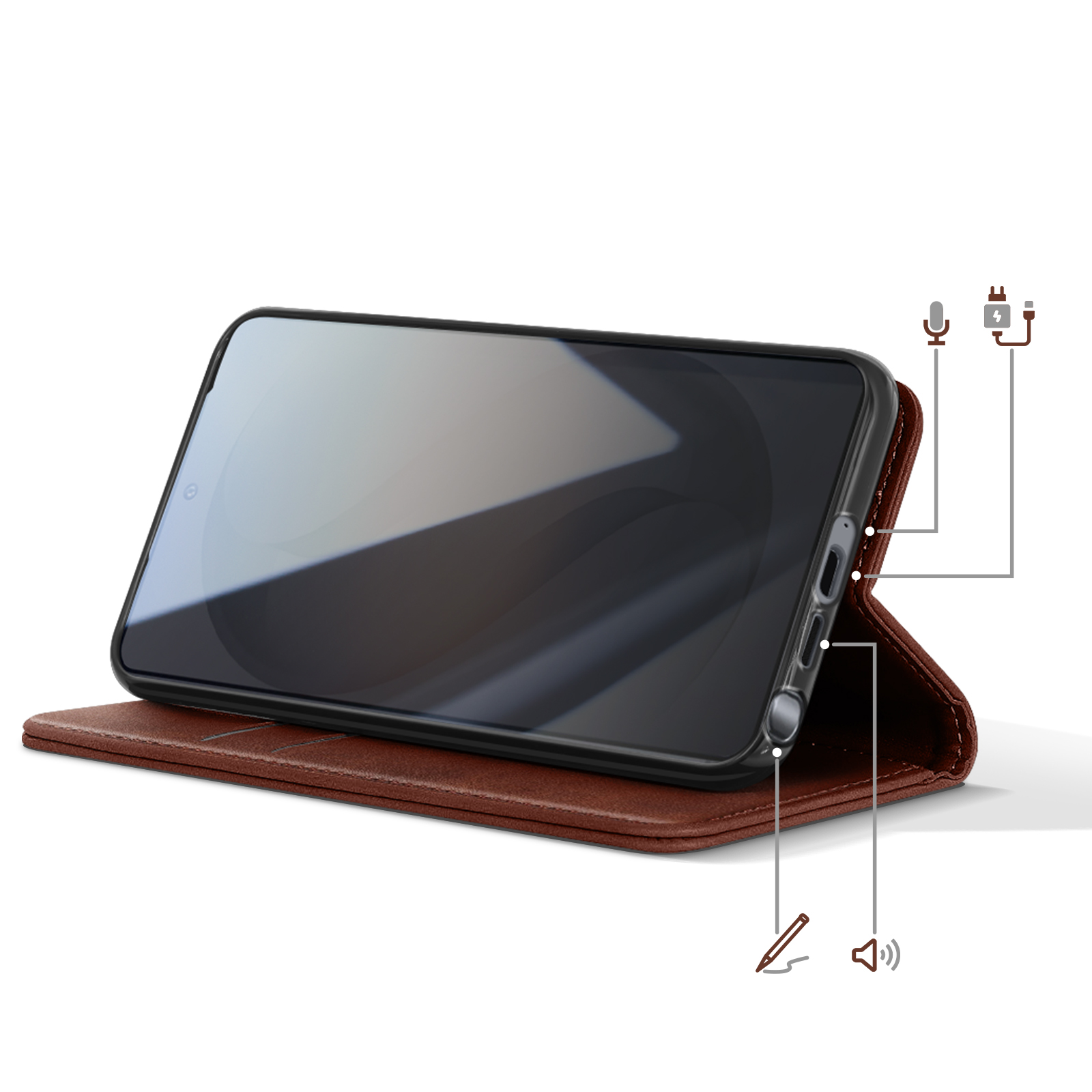 Una custodia in pelle marrone con uno smartphone aperto.