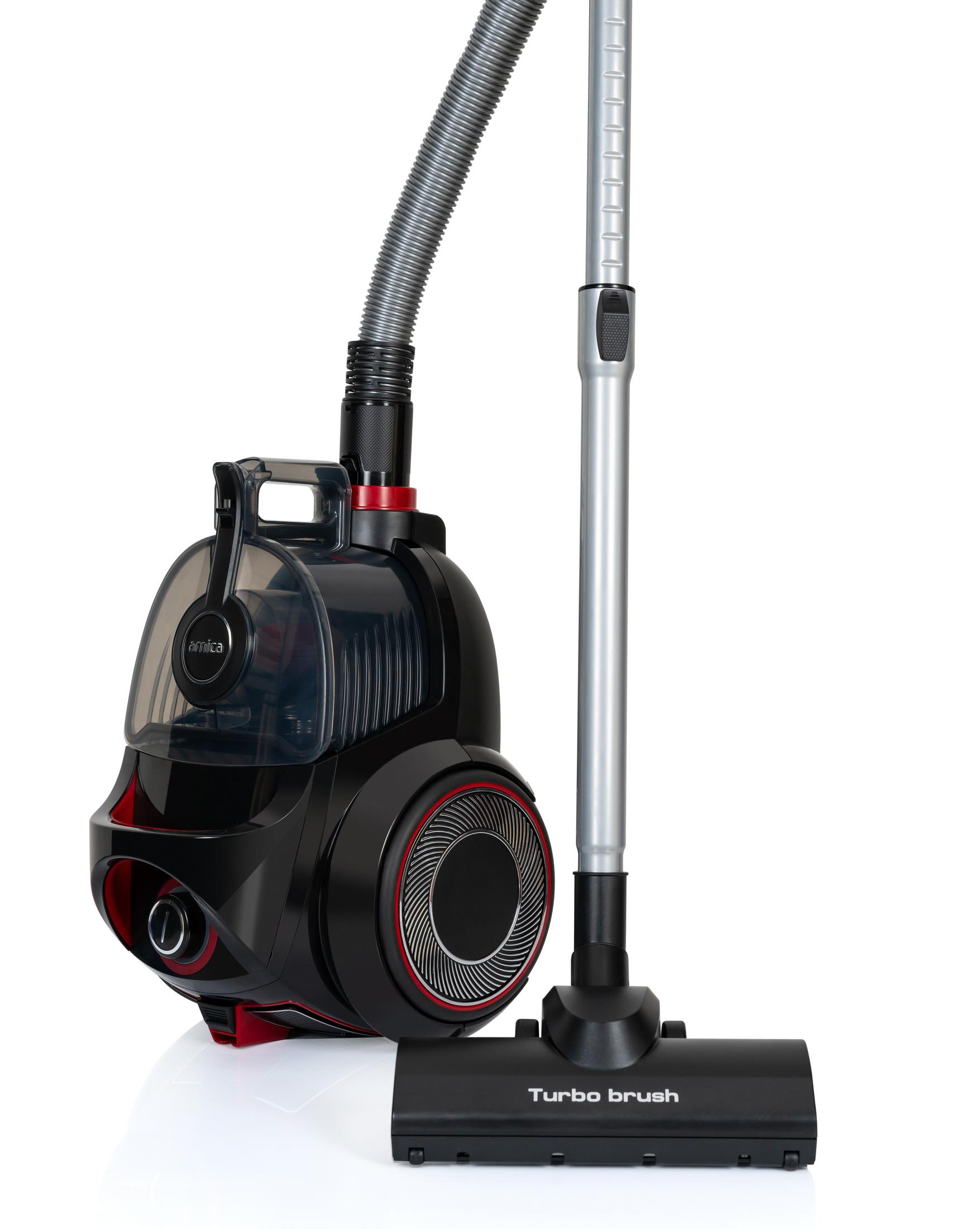 Hortumlu ve turbo fırçalı siyah ve kırmızı Amica elektrikli süpürge.