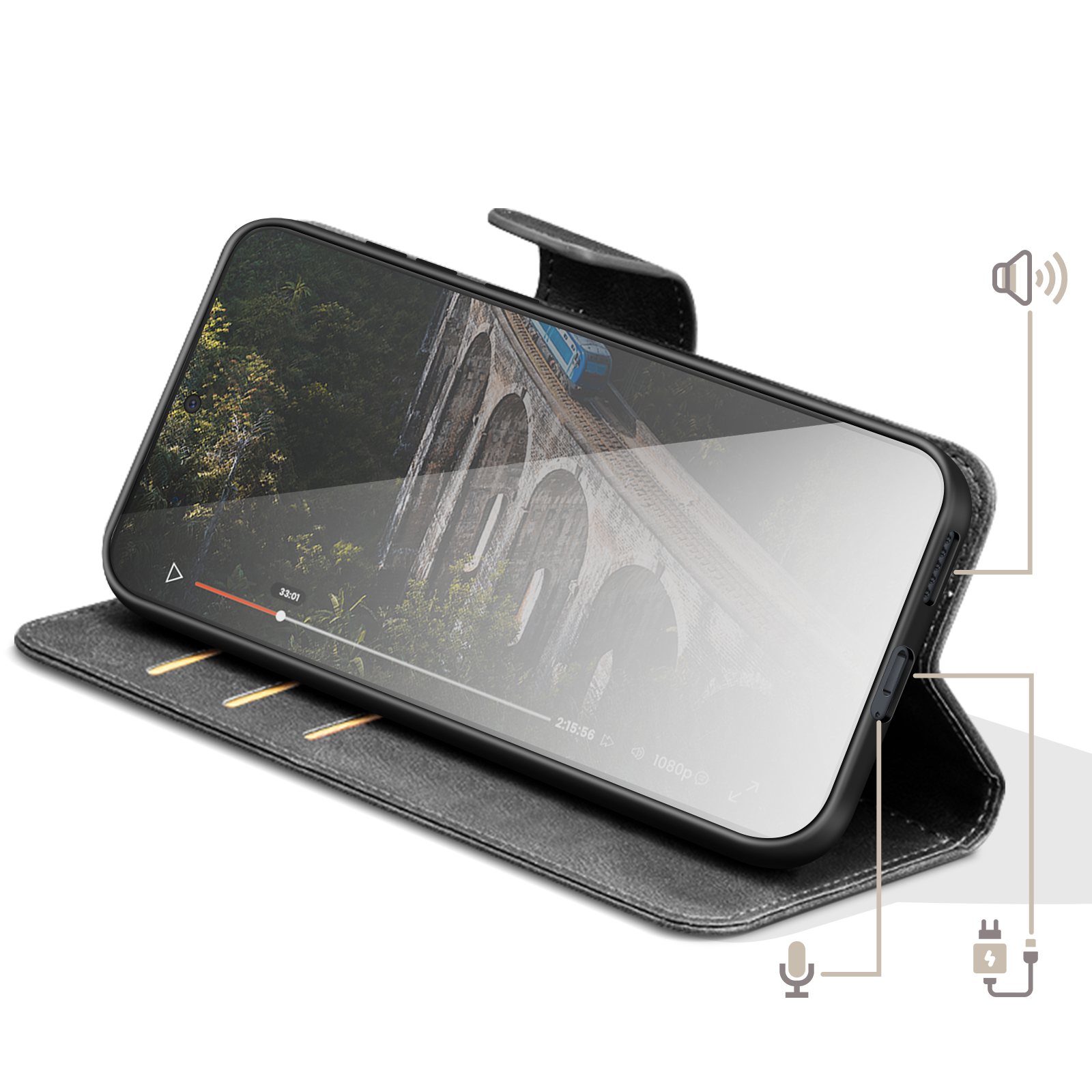 Uno smartphone in custodia nera mostra un video di un ponte con un treno.