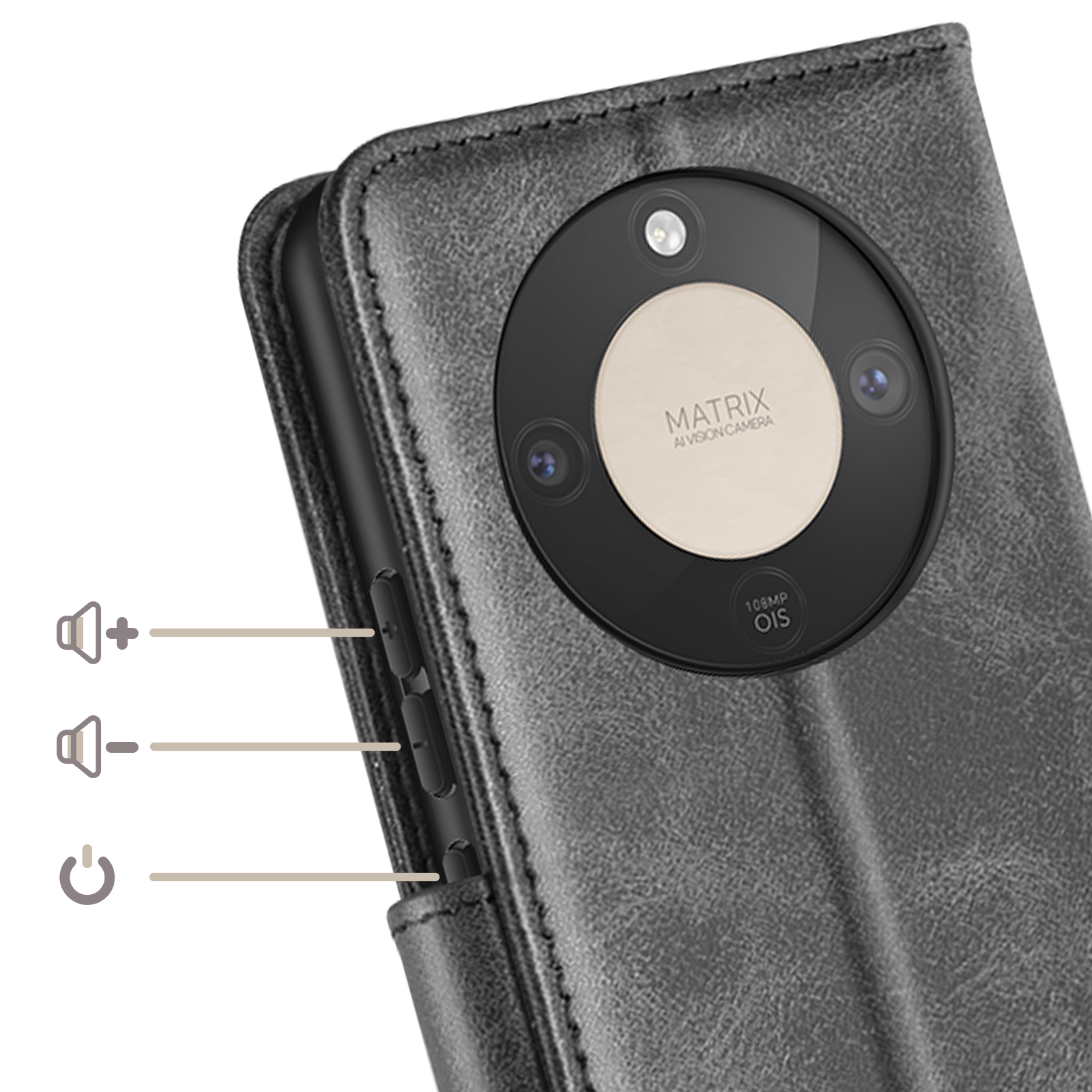 Smartphone grigio in custodia di pelle, con fotocamera, tasti volume e accensione.