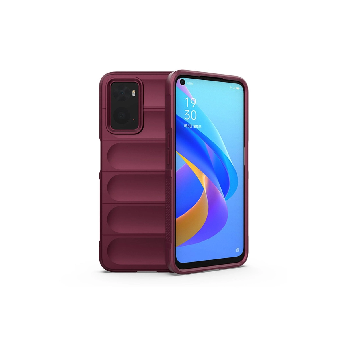 Yatay oluklu, kameralı koyu kırmızı telefon.
