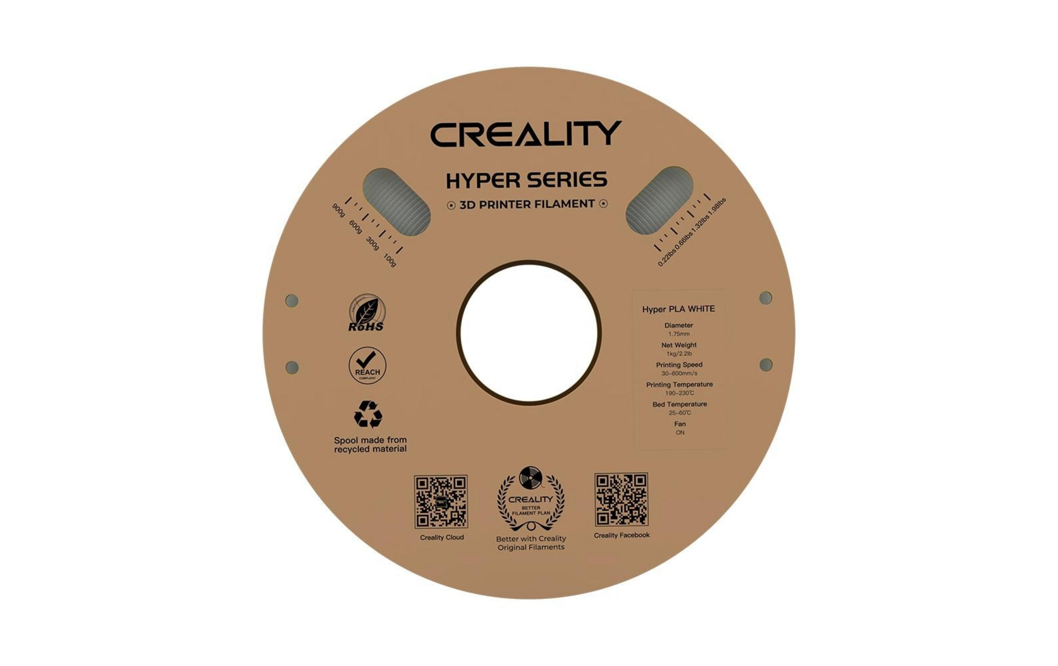 Bobina di filamento PLA bianco Creality. Include specifiche e loghi.