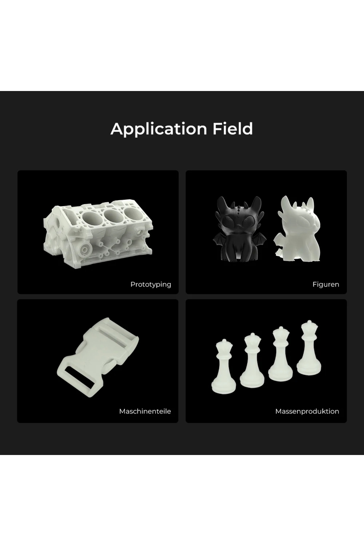 Modelli stampati 3D bianchi e neri: blocco motore, figure, fibbia, regine degli scacchi.
