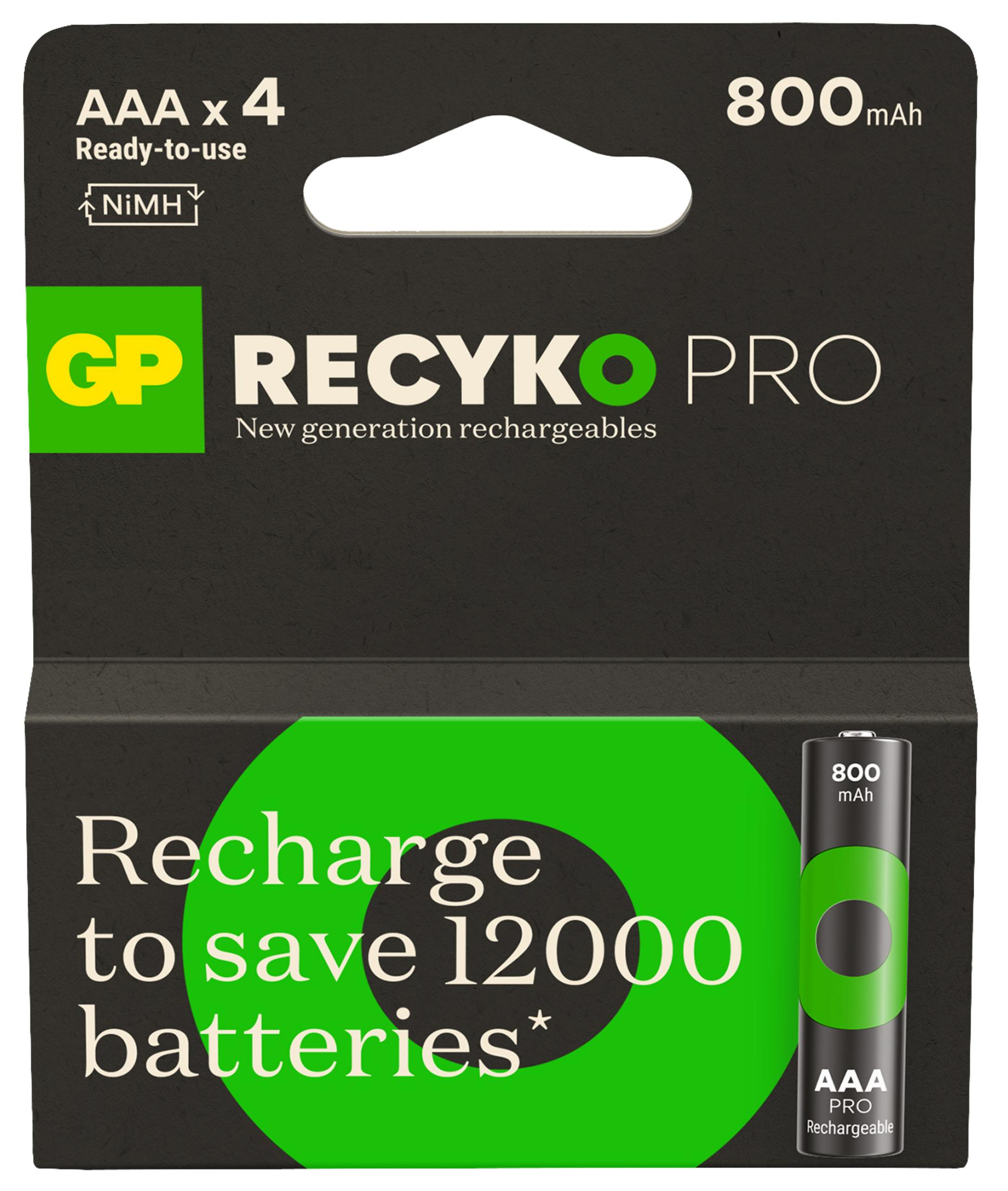 Confezione da 4 batterie ricaricabili GP Recyko Pro AAA NiMH, 800mAh.