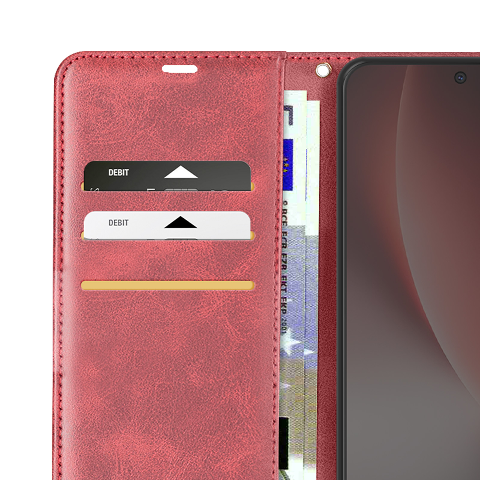 Portafoglio rosso con slot per carte e banconote, accanto a uno smartphone.