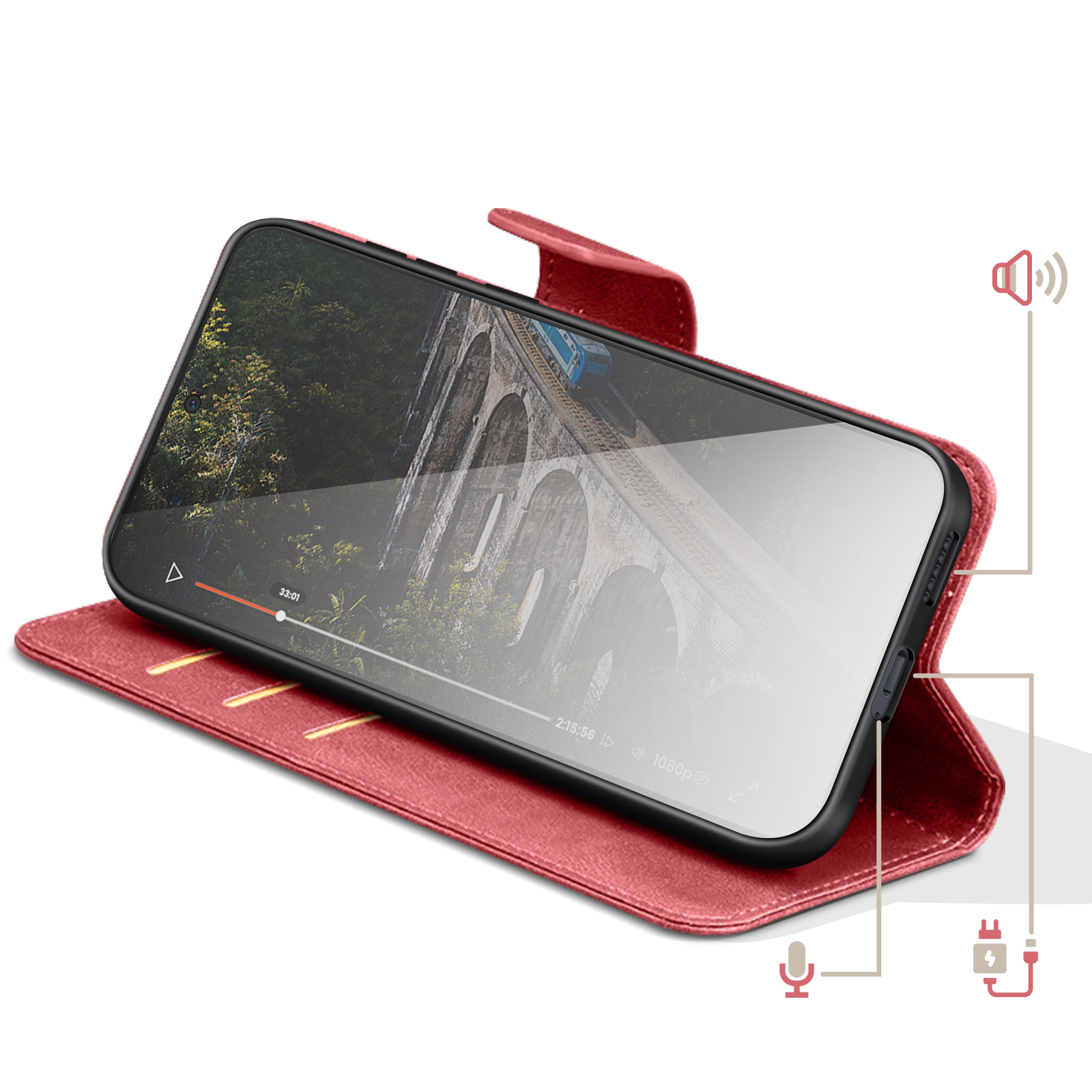 Custodia a libro rossa per telefono con video di ponte e treno.