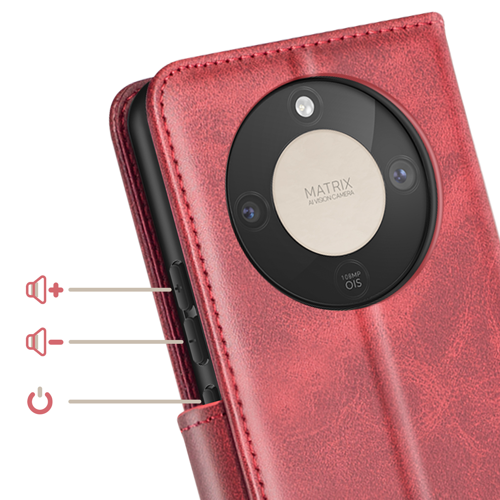 Custodia rossa in pelle per telefono con fotocamera e pulsanti volume/accensione.