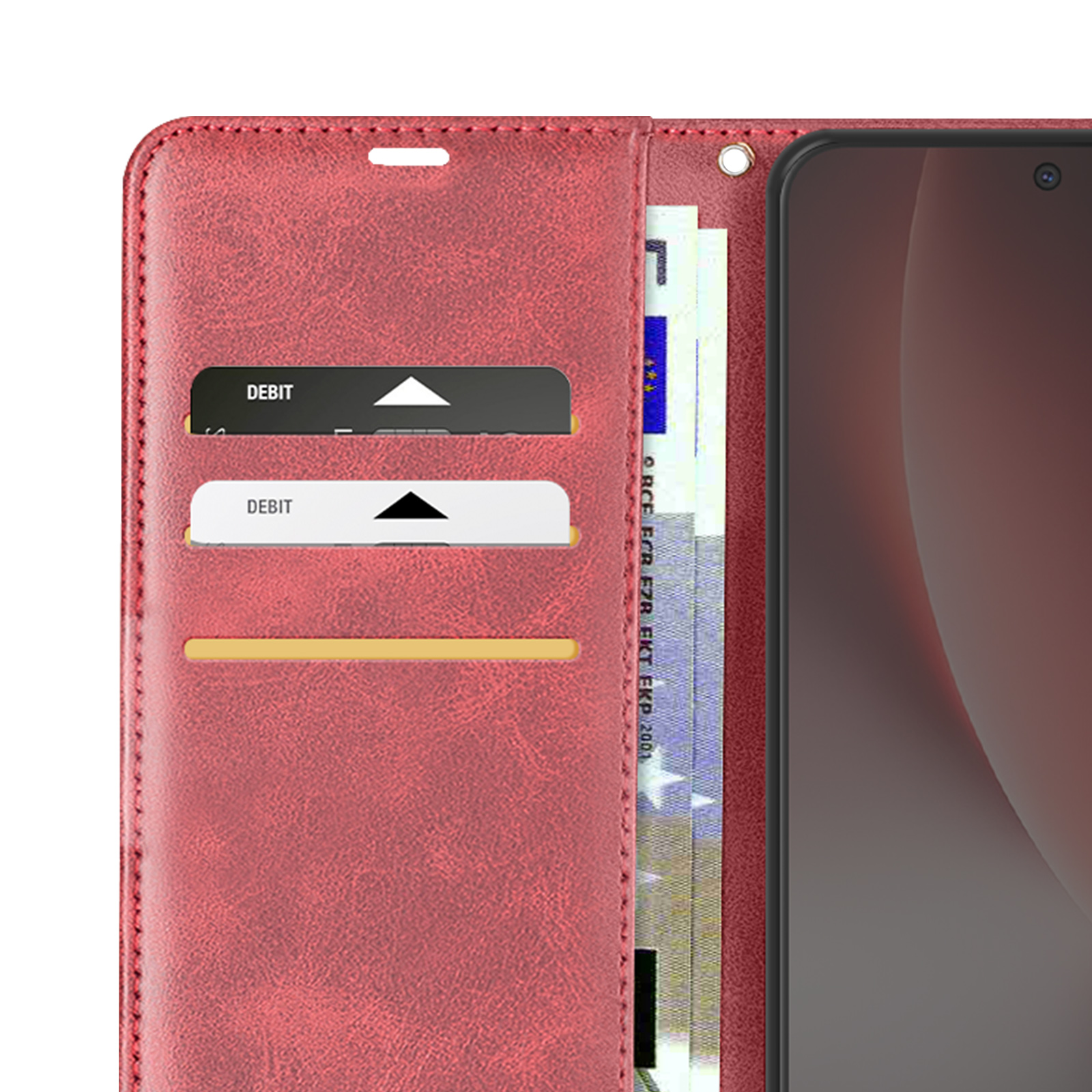 Portafoglio rosso con due fessure per carte e banconote. Un telefono è visibile.