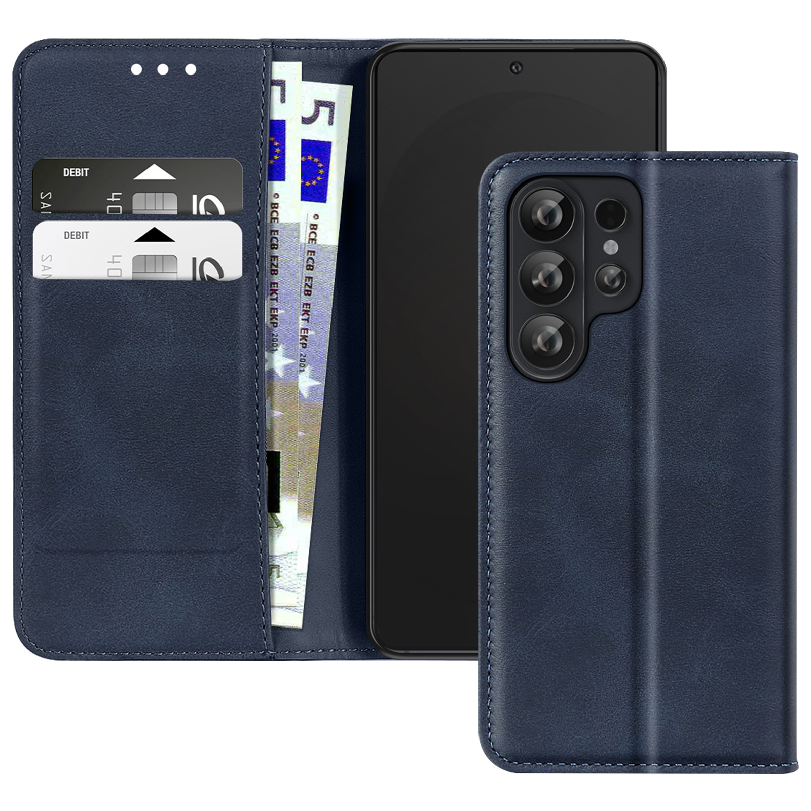 Custodia blu scuro per telefono con slot per carte, banconote e obiettivi.