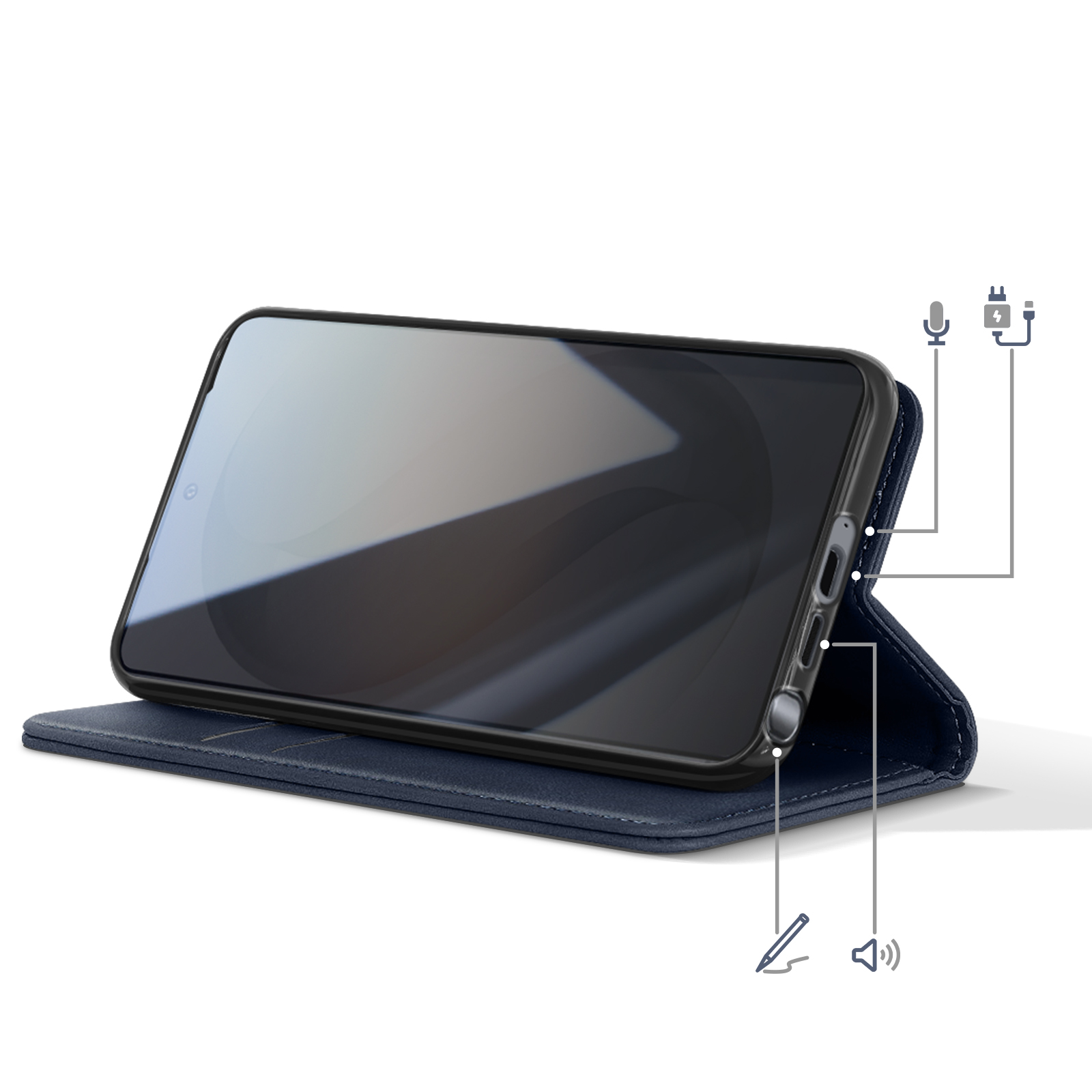 Uno smartphone blu in custodia, in piedi su un supporto. Icone microfono, ricarica e penna.