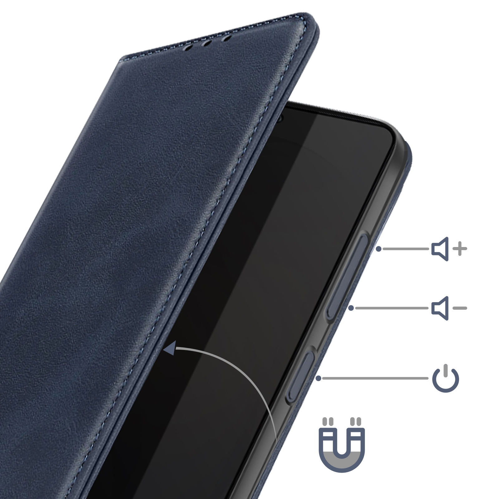 Custodia blu scuro per telefono con chiusura magnetica.