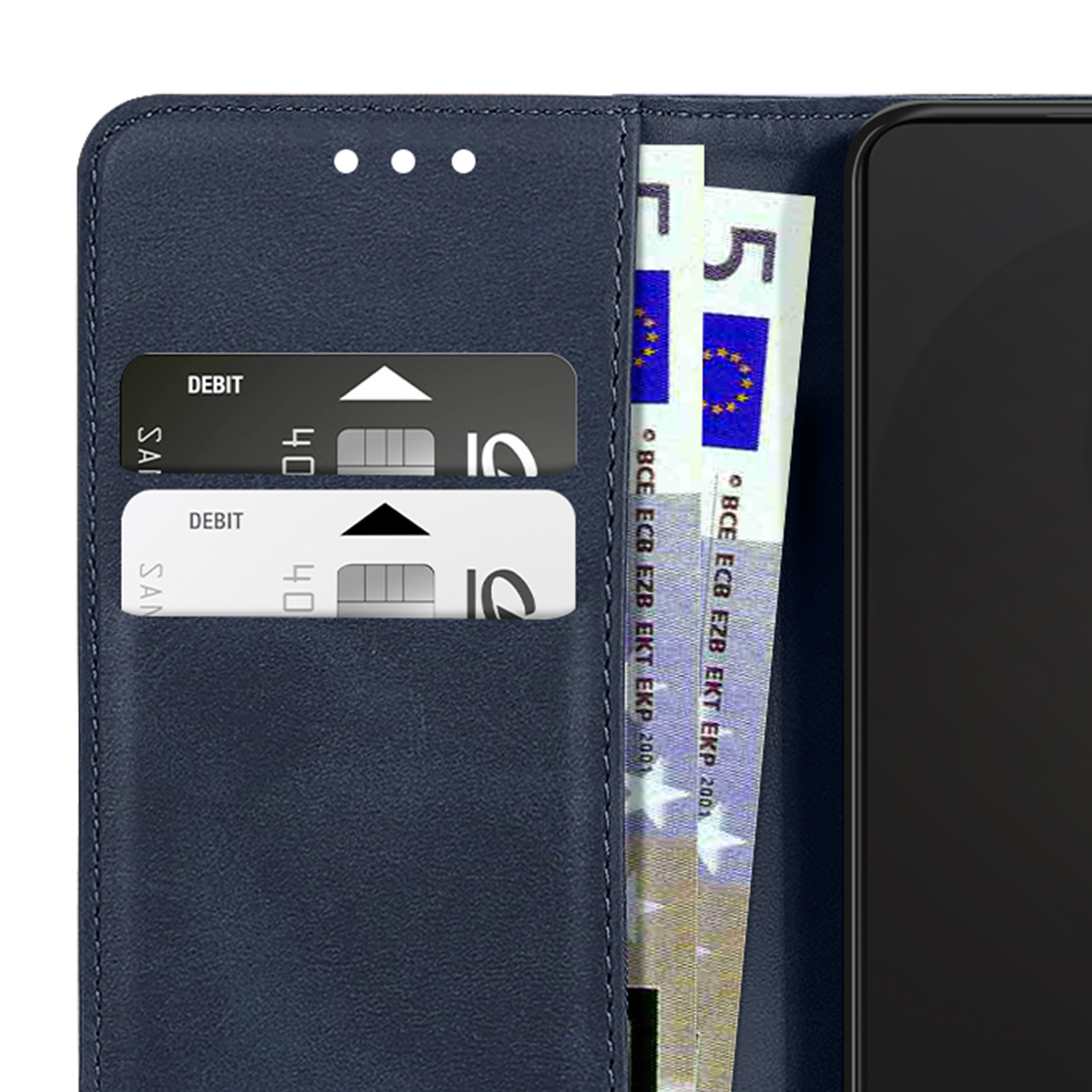 Custodia blu scuro per telefono con slot per carte e banconote.