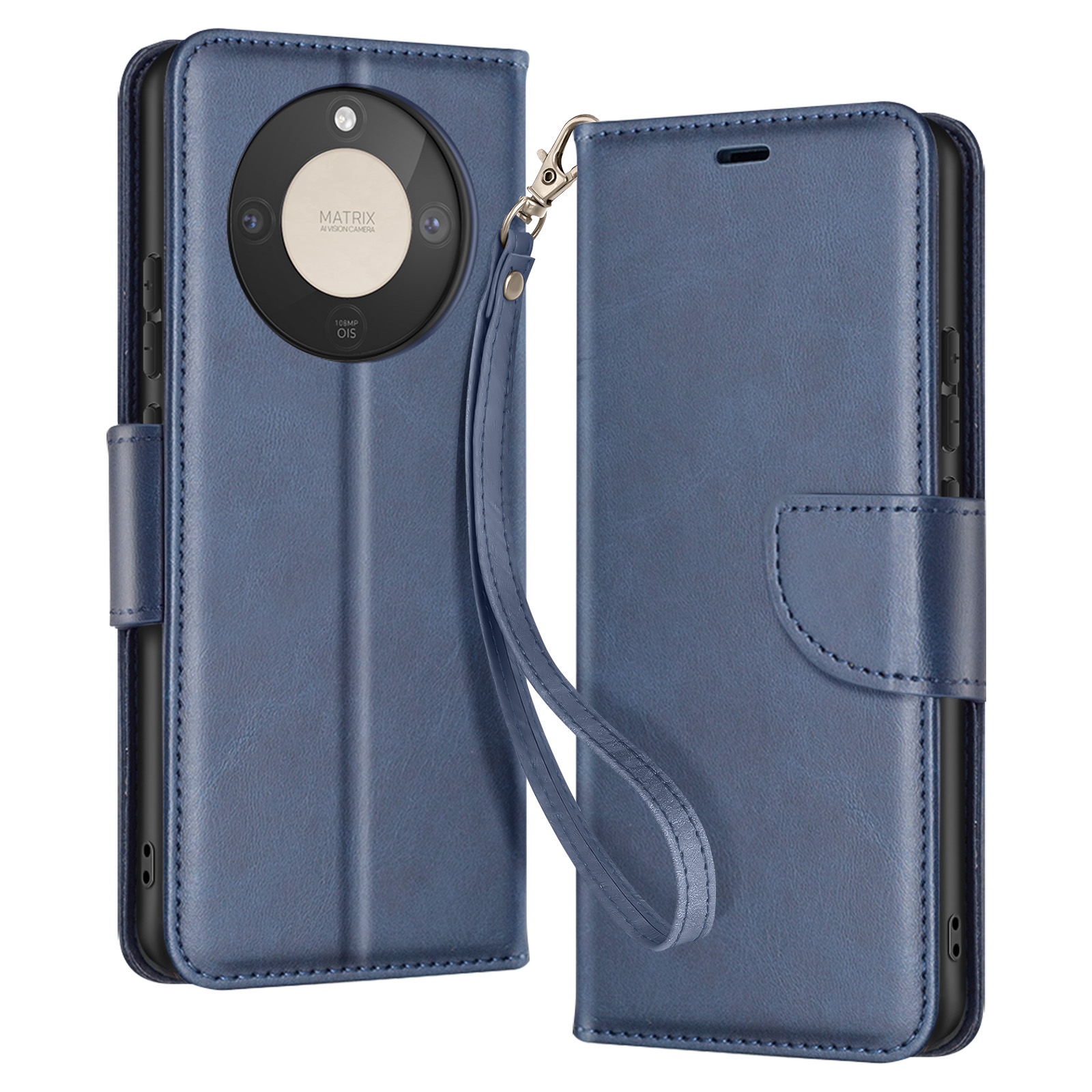Custodia blu in pelle per telefono con ritaglio fotocamera e cinturino.