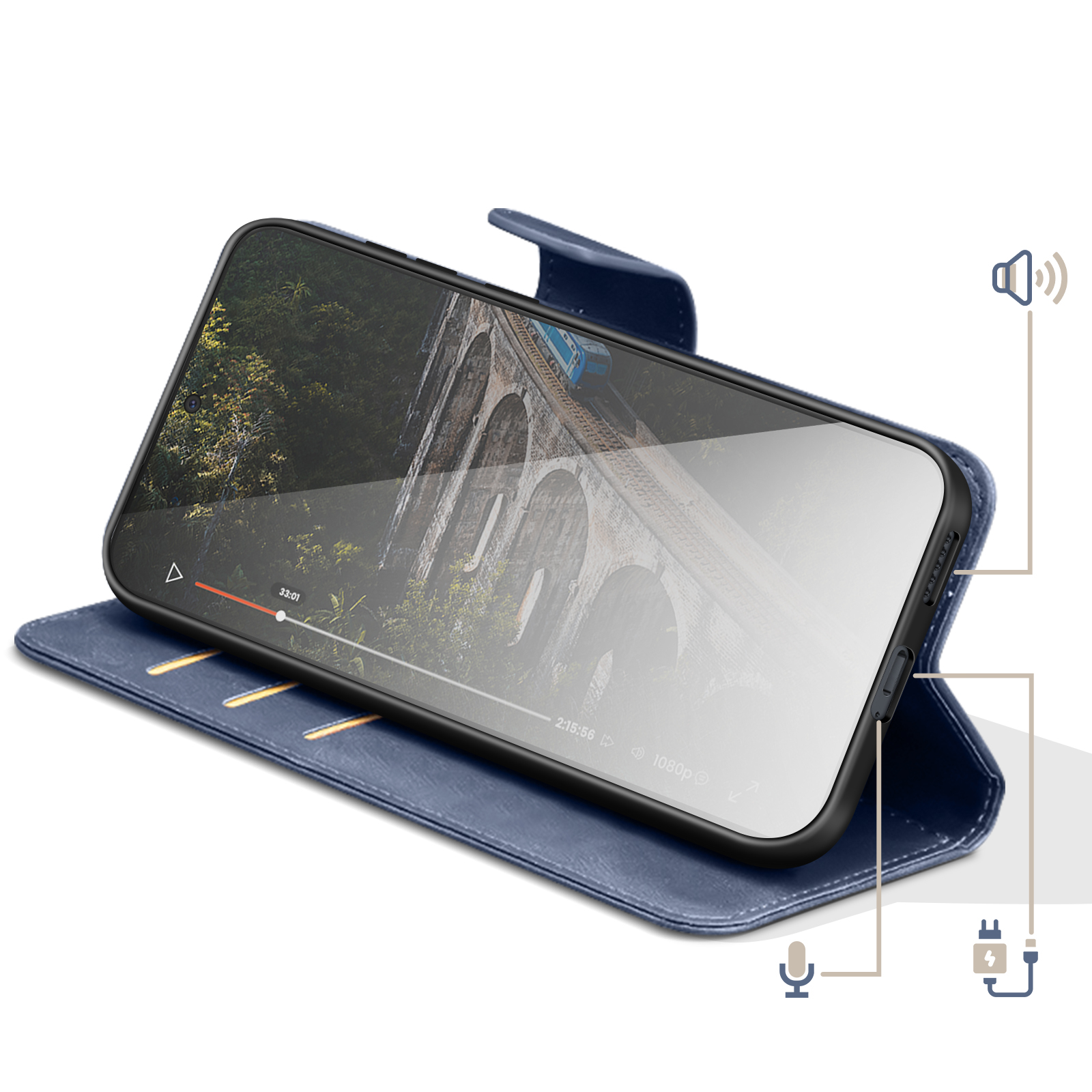 Telefono blu in custodia mostra treno su ponte, con icone speaker e microfono.