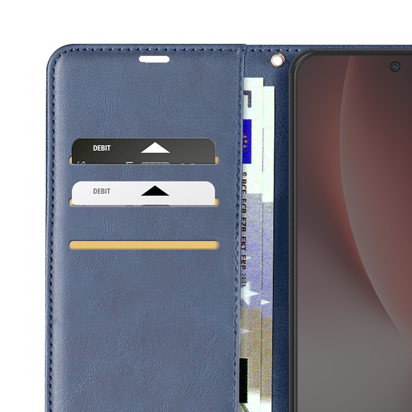 Portafoglio blu per telefono con fessure per carte e banconote.