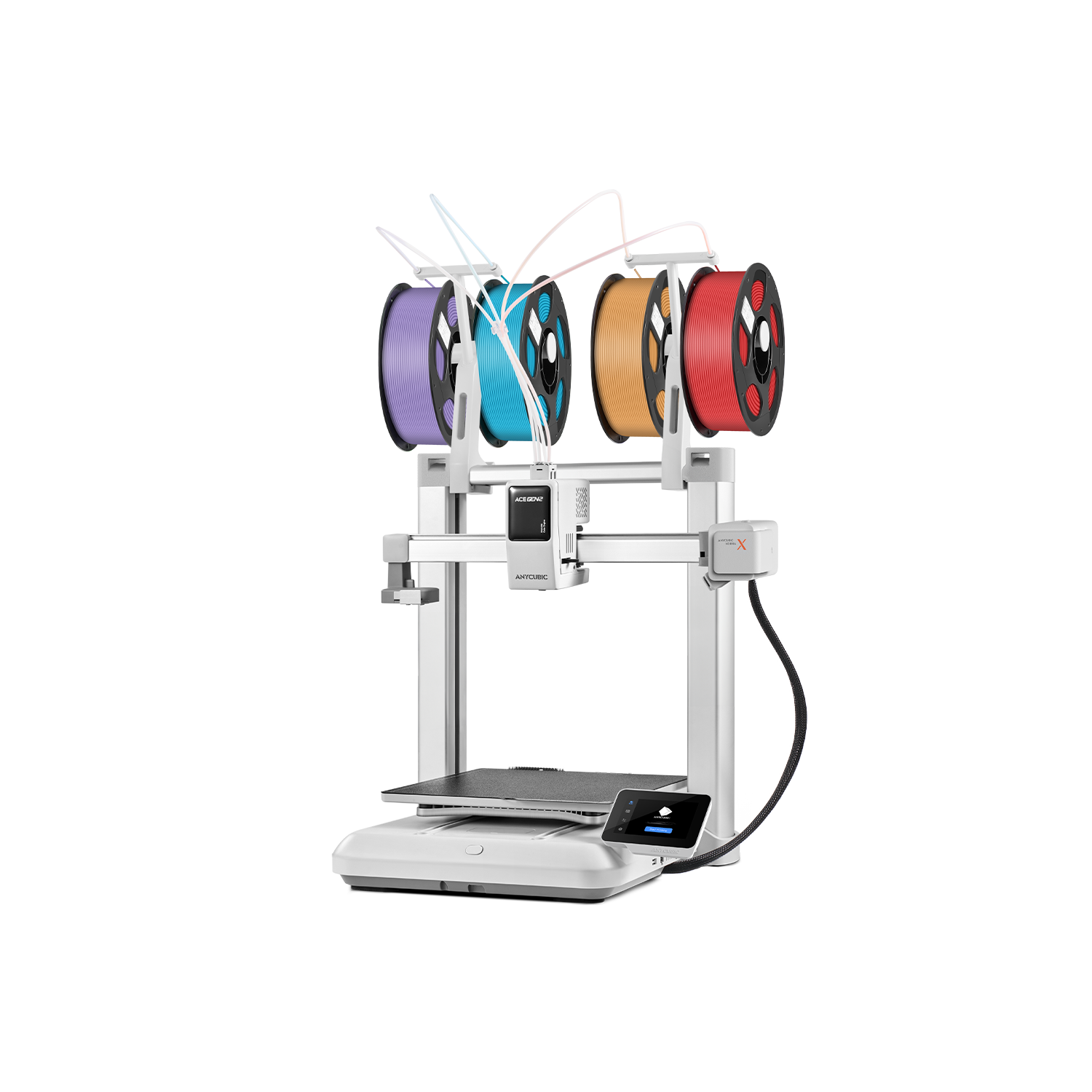 Una stampante 3D bianca con quattro bobine di filamento viola, blu, arancione e rosso.