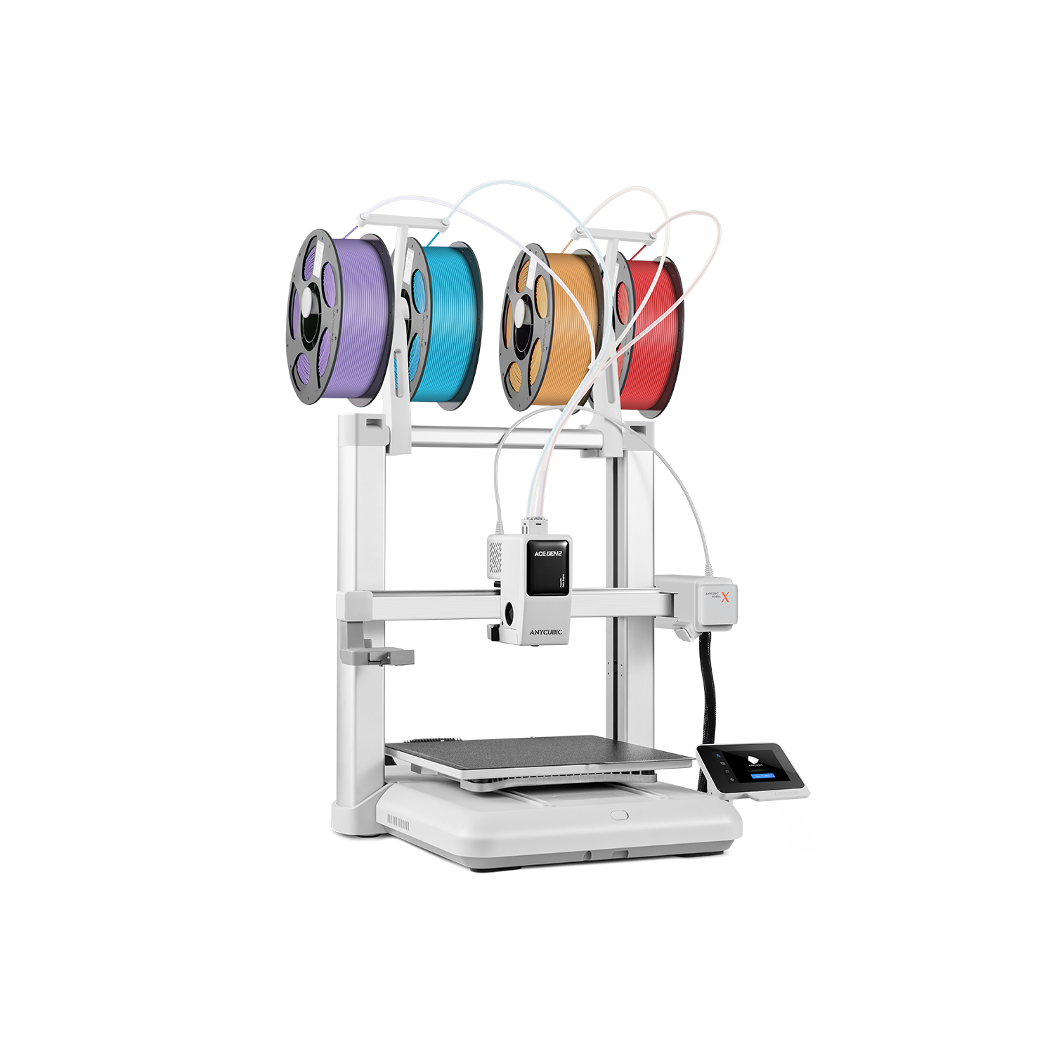 Una stampante 3D bianca con quattro bobine di filamento (viola, blu, arancione, rosso) in cima.