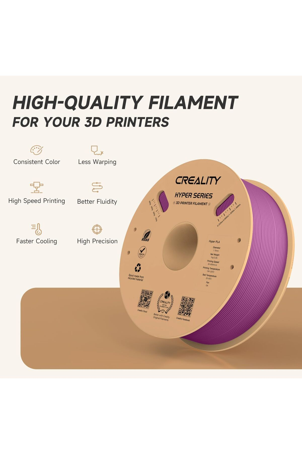 Düşük eğilme ve yüksek hassasiyet özelliklerine sahip, makarada mor 3D yazıcı filamenti.